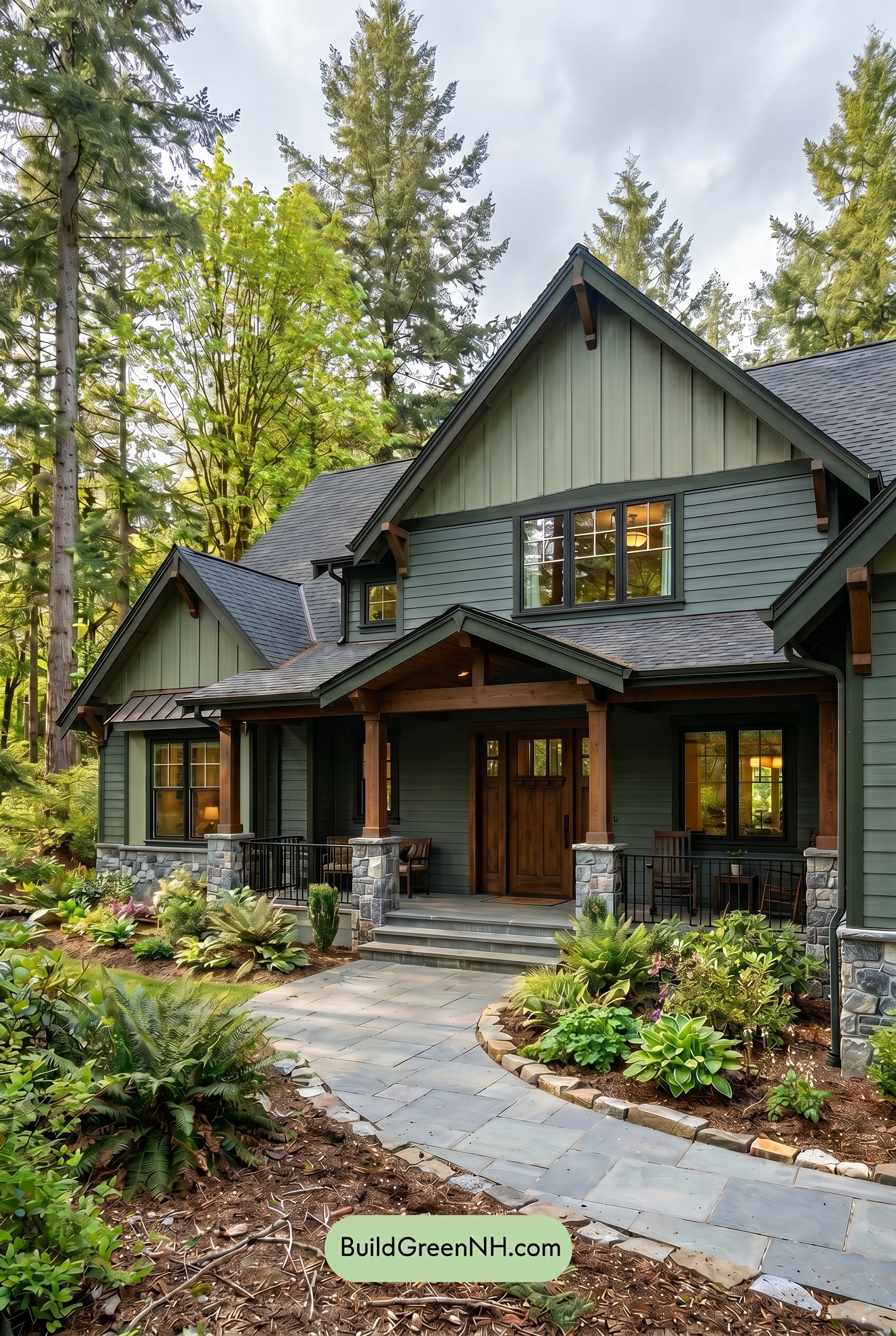American Craftsman Green Exterior Color Schemes: Evergreen Slate Calm - Overcast