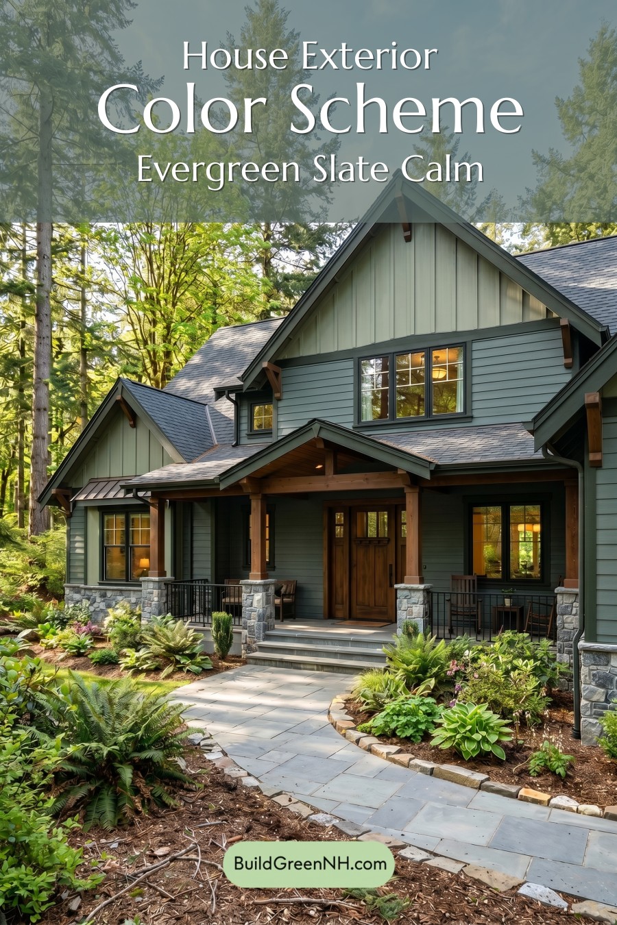 American Craftsman Green Exterior Color Schemes: Evergreen Slate Calm