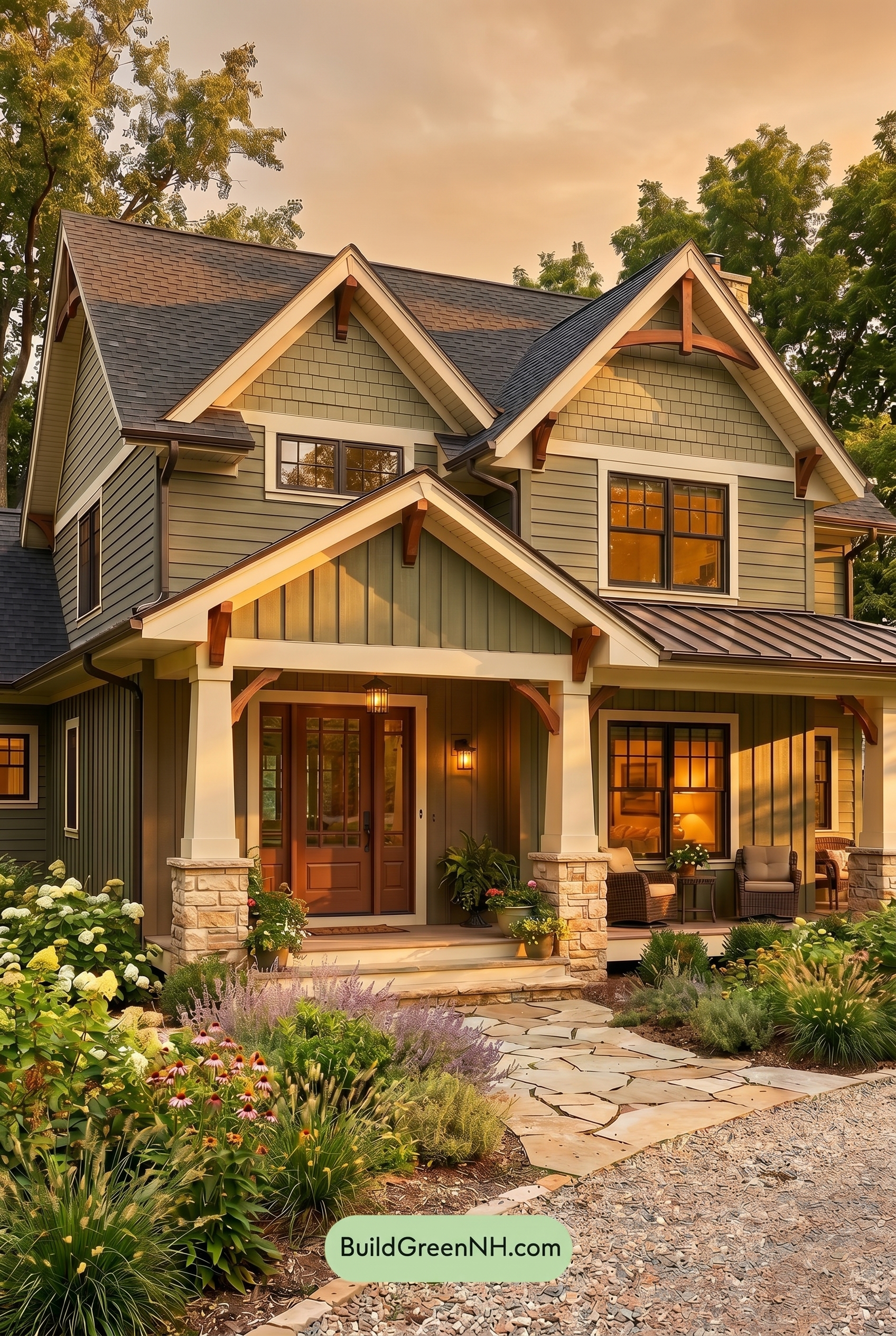 American Craftsman Green Exterior Color Schemes: Olive Cream Porch - Golden Hour