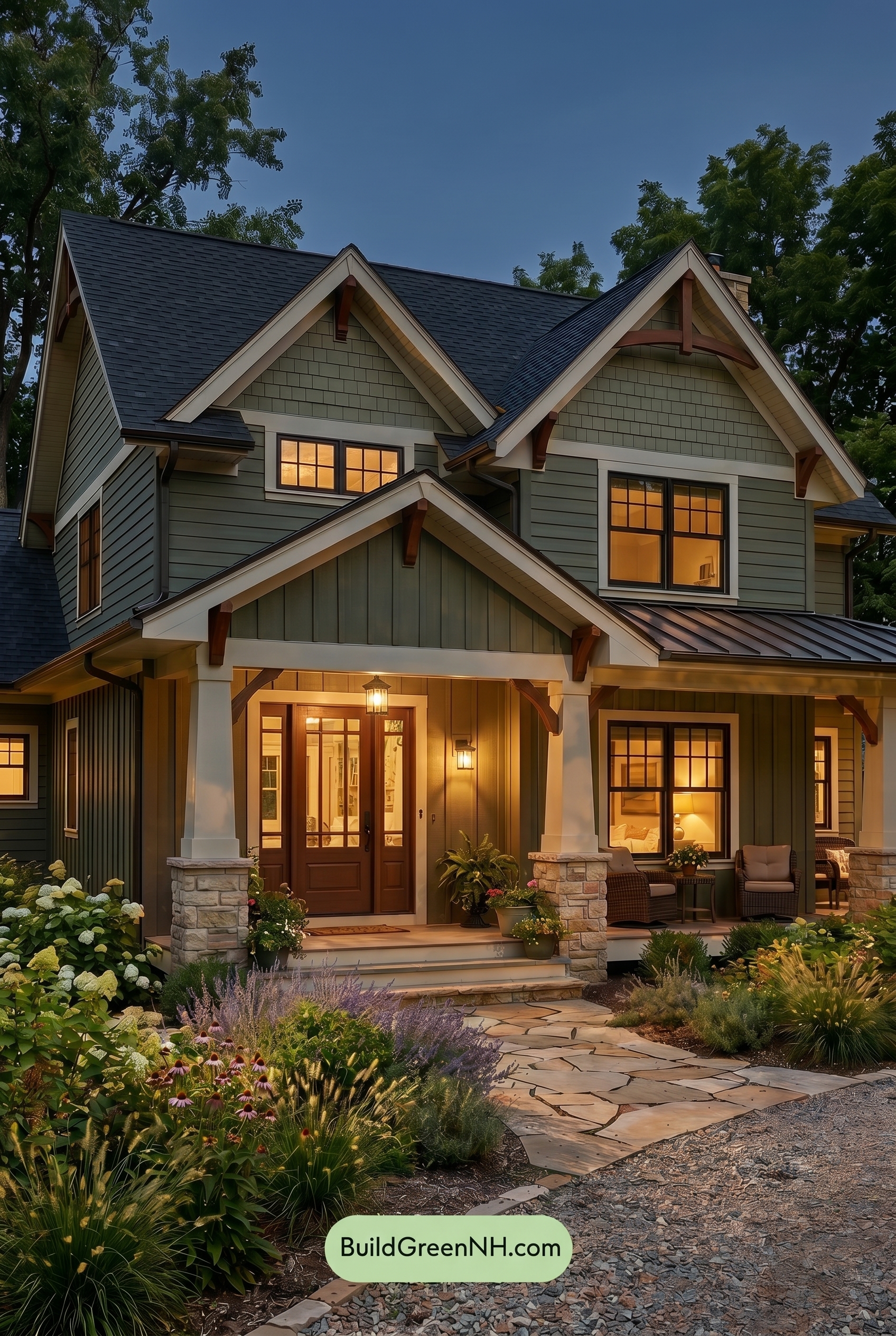 American Craftsman Green Exterior Color Schemes: Olive Cream Porch - Nighttime