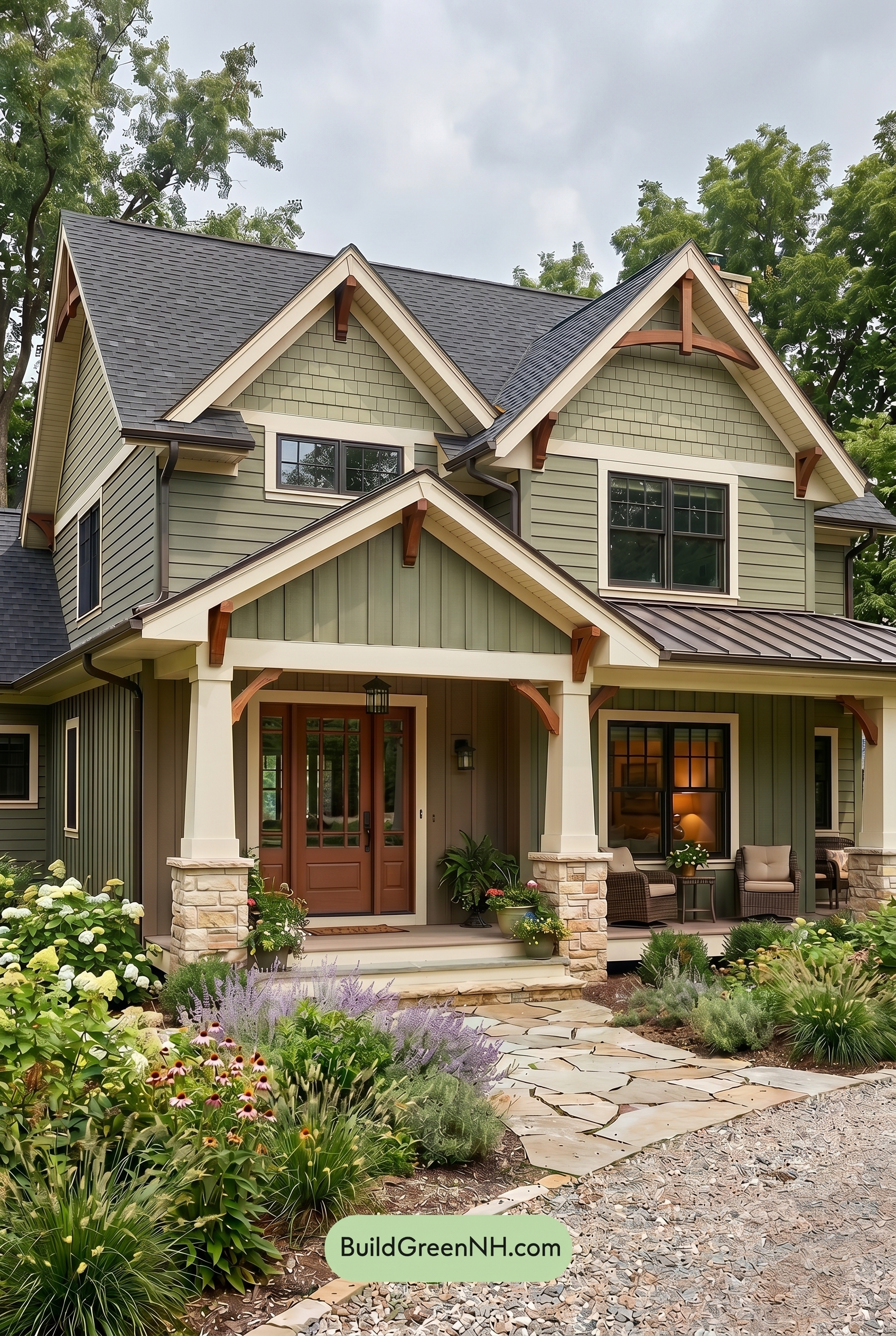 American Craftsman Green Exterior Color Schemes: Olive Cream Porch - Overcast