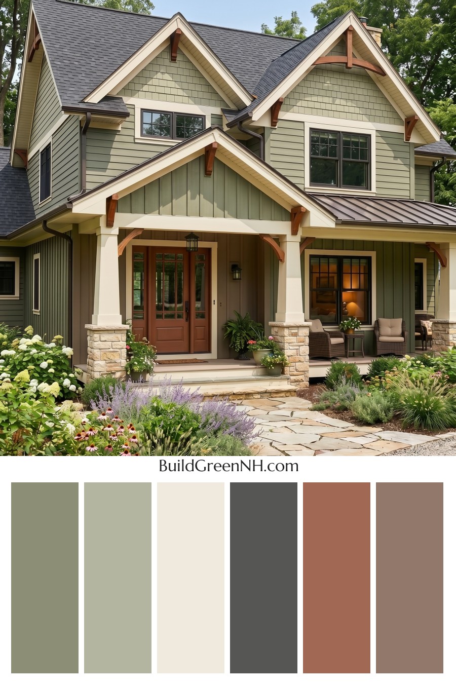 American Craftsman Green Exterior Color Schemes: Olive Cream Porch