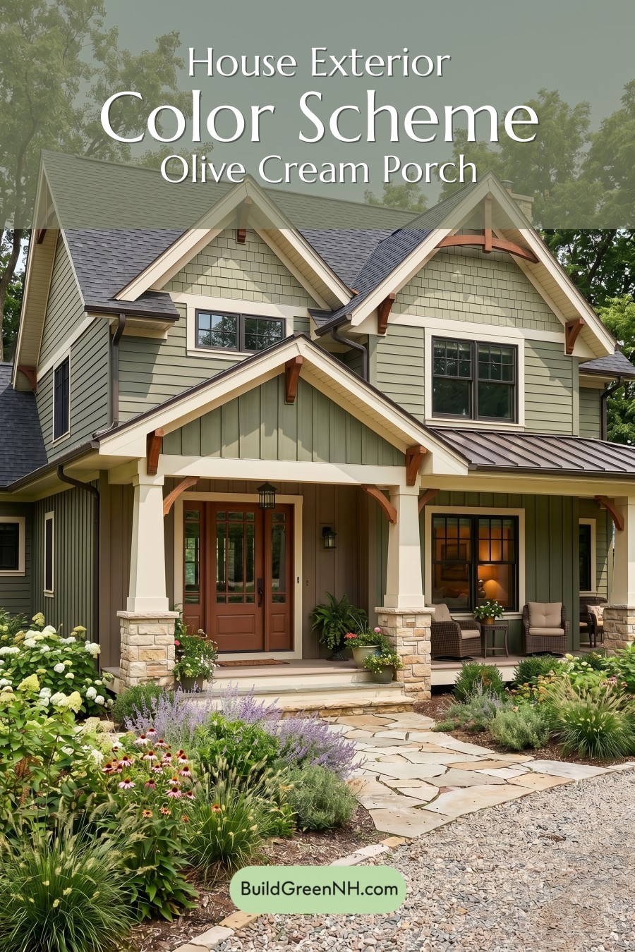 American Craftsman Green Exterior Color Schemes: Olive Cream Porch