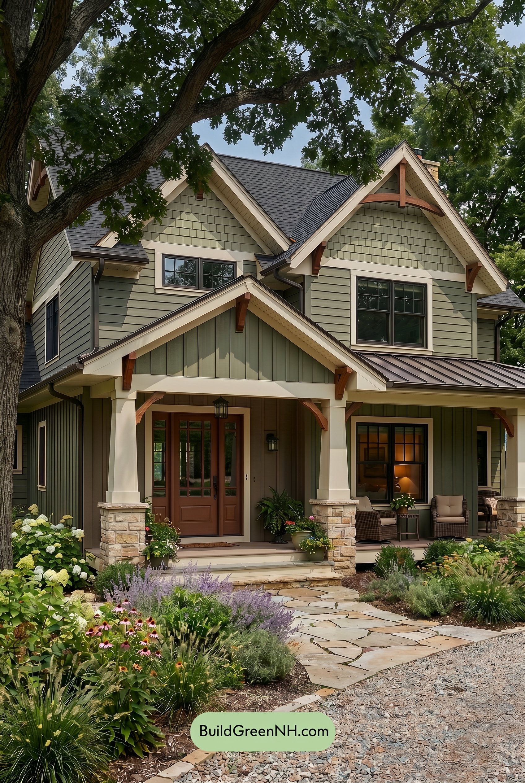 American Craftsman Green Exterior Color Schemes: Olive Cream Porch - Shade