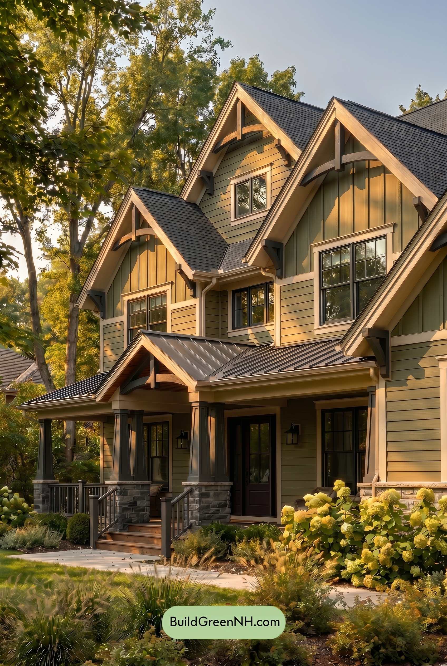 American Craftsman Green Exterior Color Schemes: Olive Green Quiet - Golden Hour