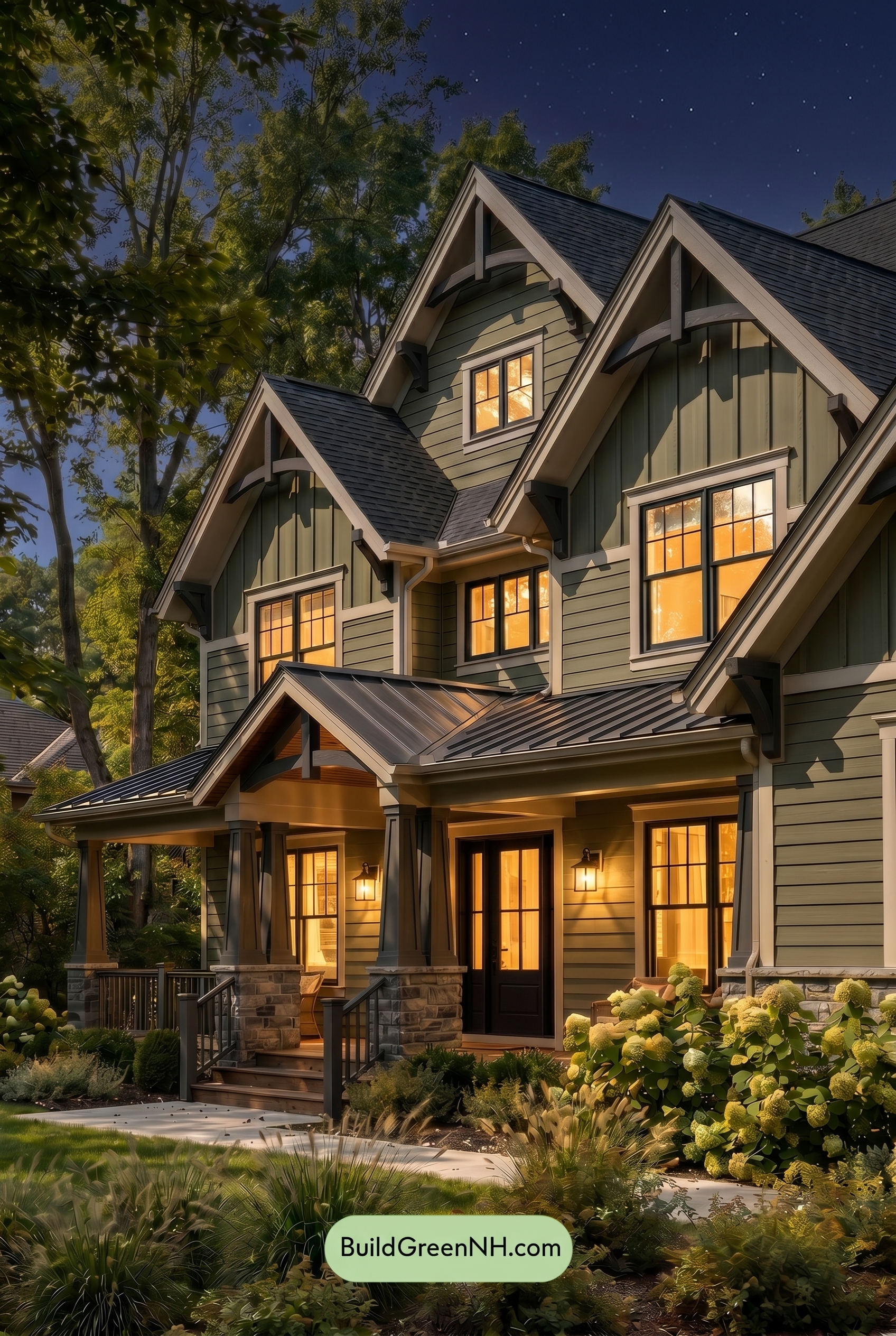 American Craftsman Green Exterior Color Schemes: Olive Green Quiet - Nighttime