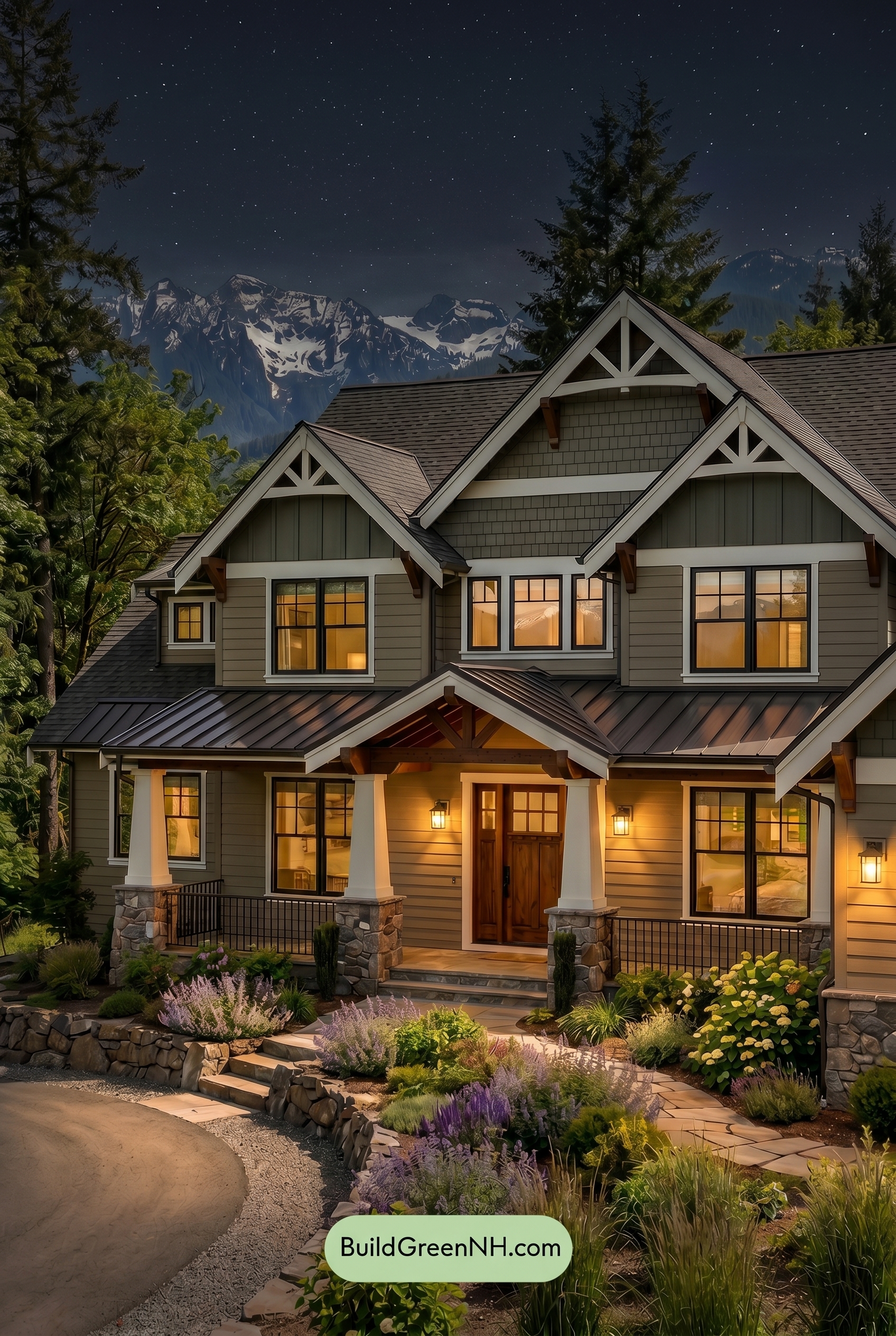 American Craftsman Green Exterior Color Schemes: Olive Porch Calm - Nighttime