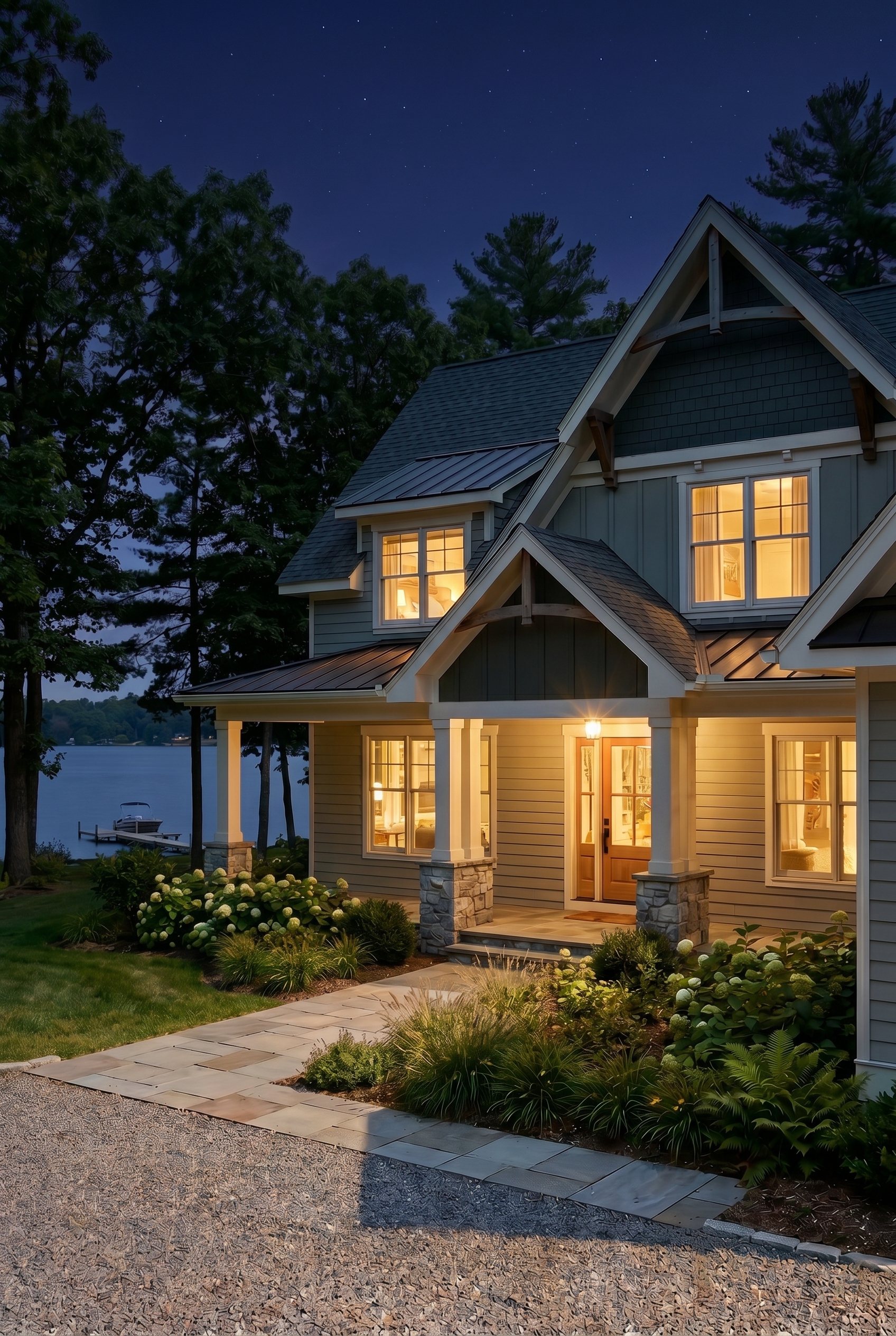American Craftsman Green Exterior Color Schemes: Pale Green Grace - Nighttime