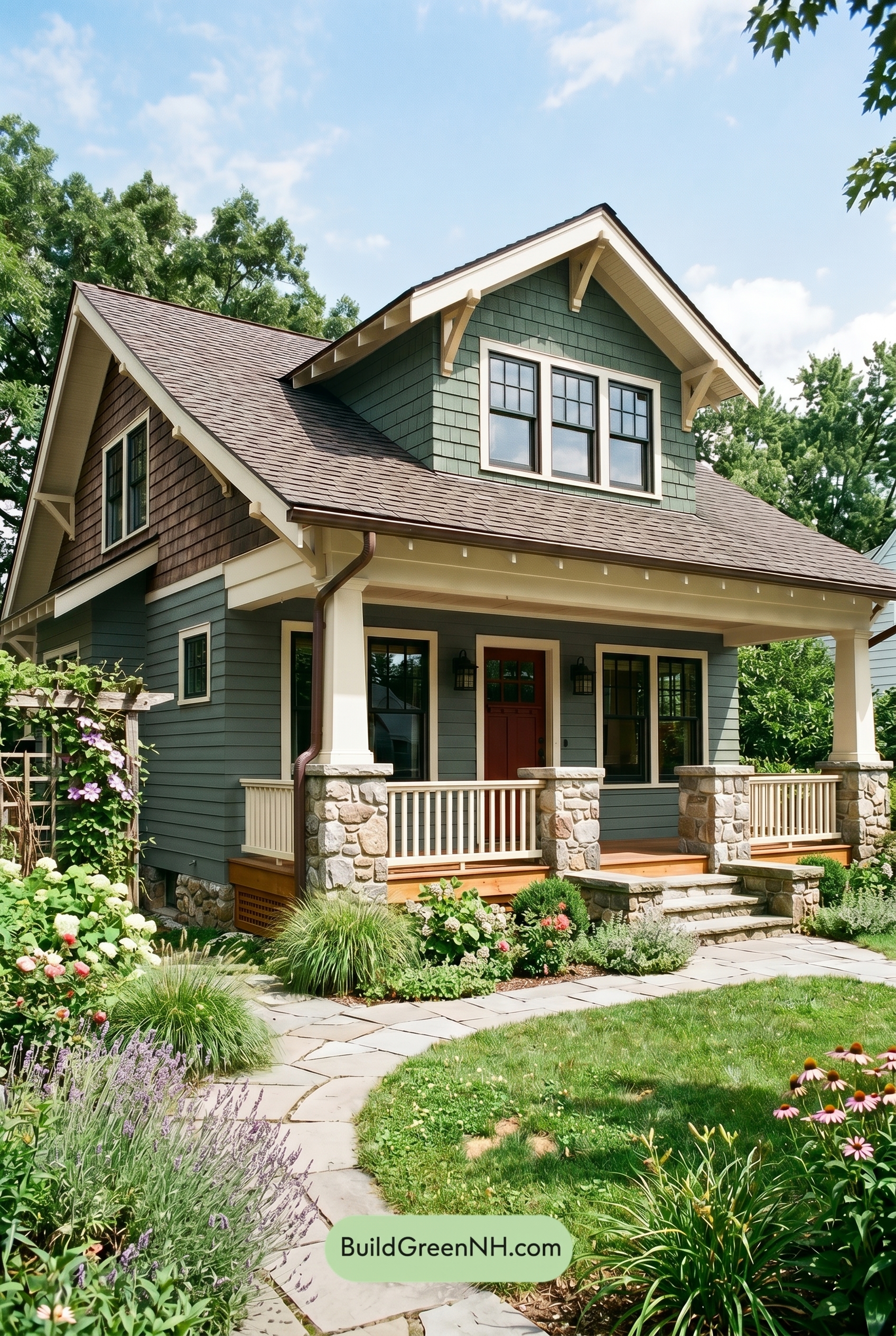 American Craftsman Green Exterior Color Schemes: Pine Brass Porch