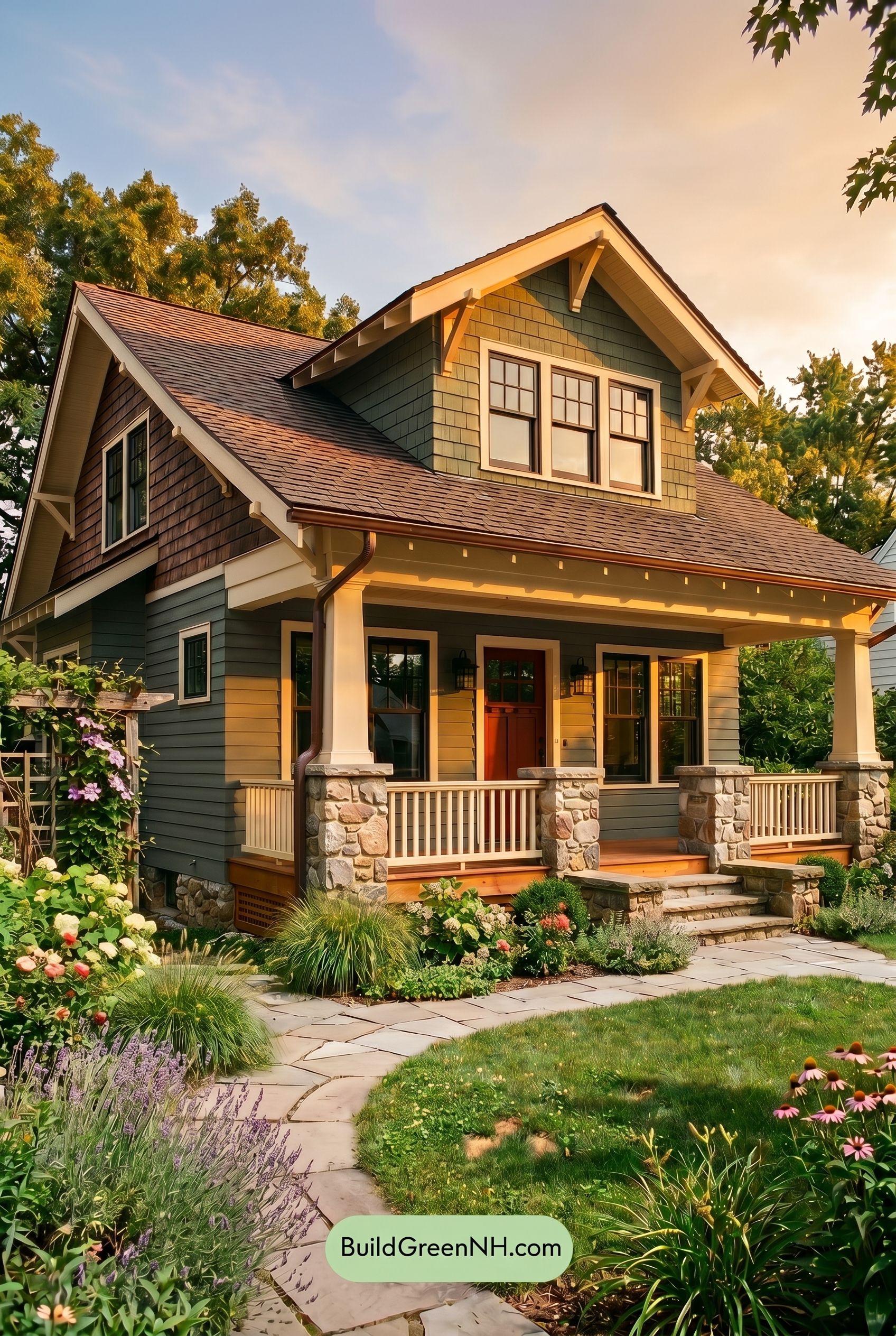 American Craftsman Green Exterior Color Schemes: Pine Brass Porch - Golden Hour