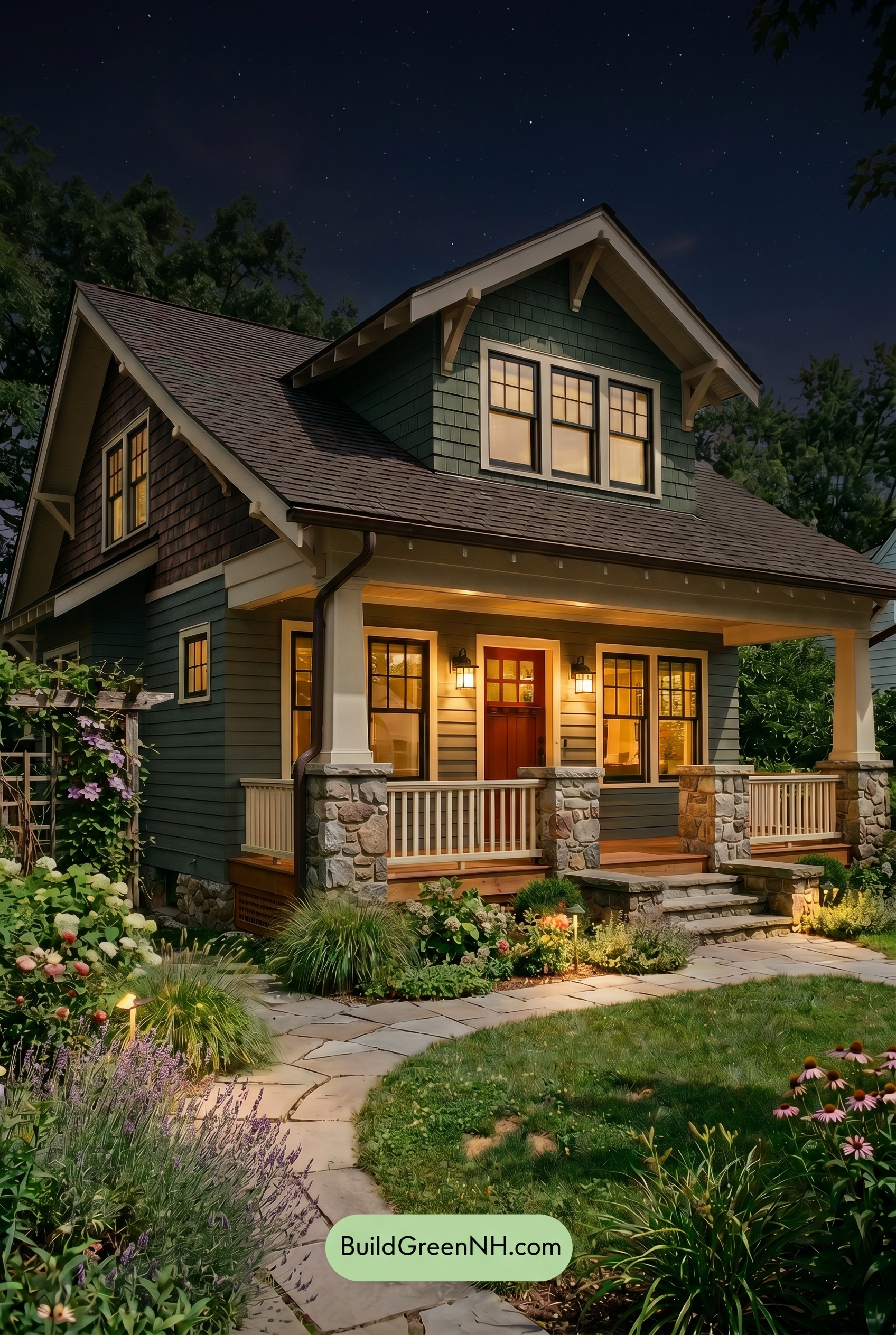 American Craftsman Green Exterior Color Schemes: Pine Brass Porch - Nighttime