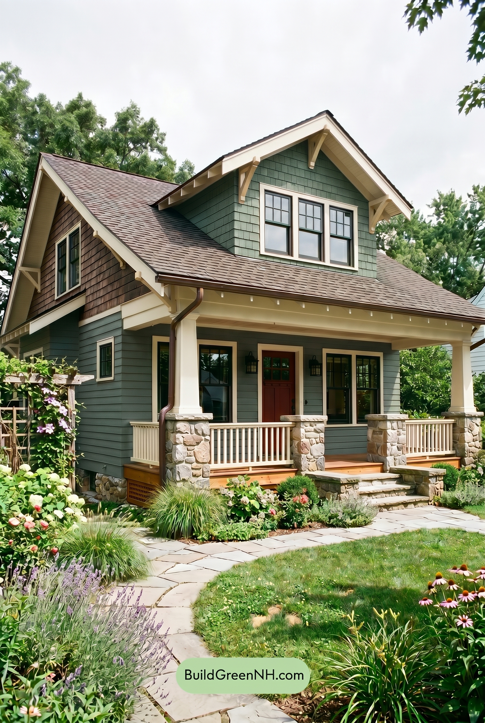 American Craftsman Green Exterior Color Schemes: Pine Brass Porch - Overcast