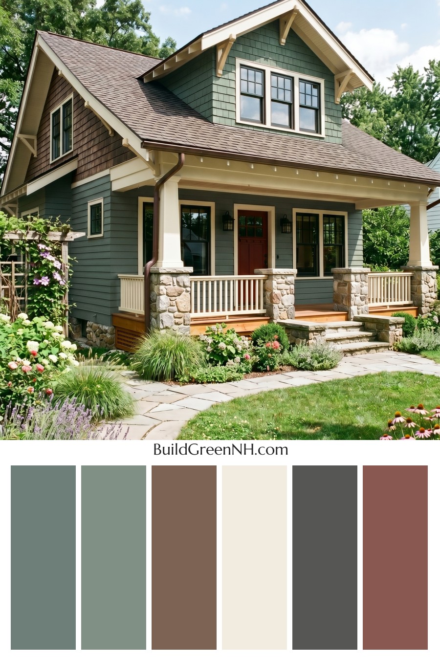 American Craftsman Green Exterior Color Schemes: Pine Brass Porch