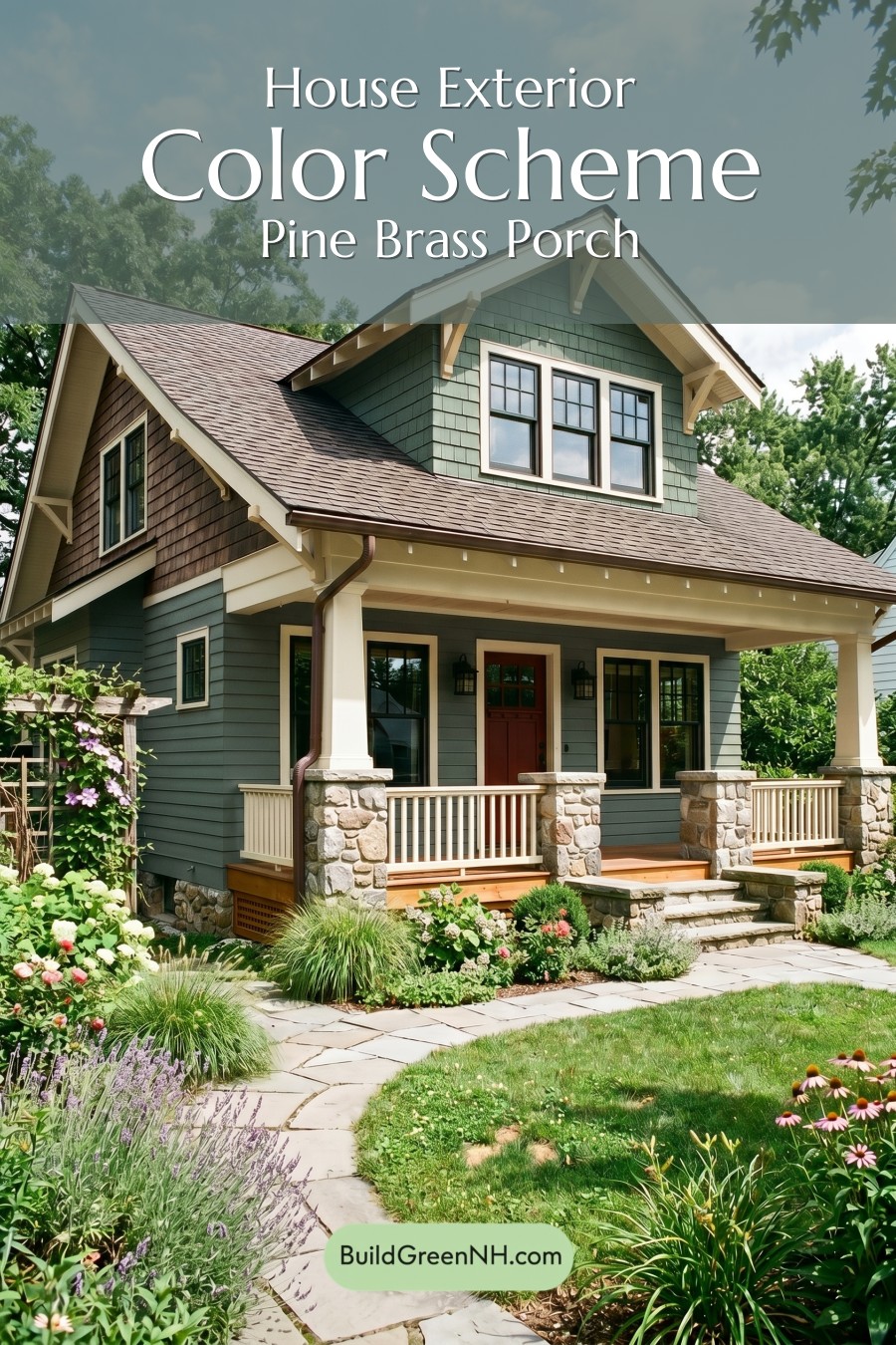 American Craftsman Green Exterior Color Schemes: Pine Brass Porch