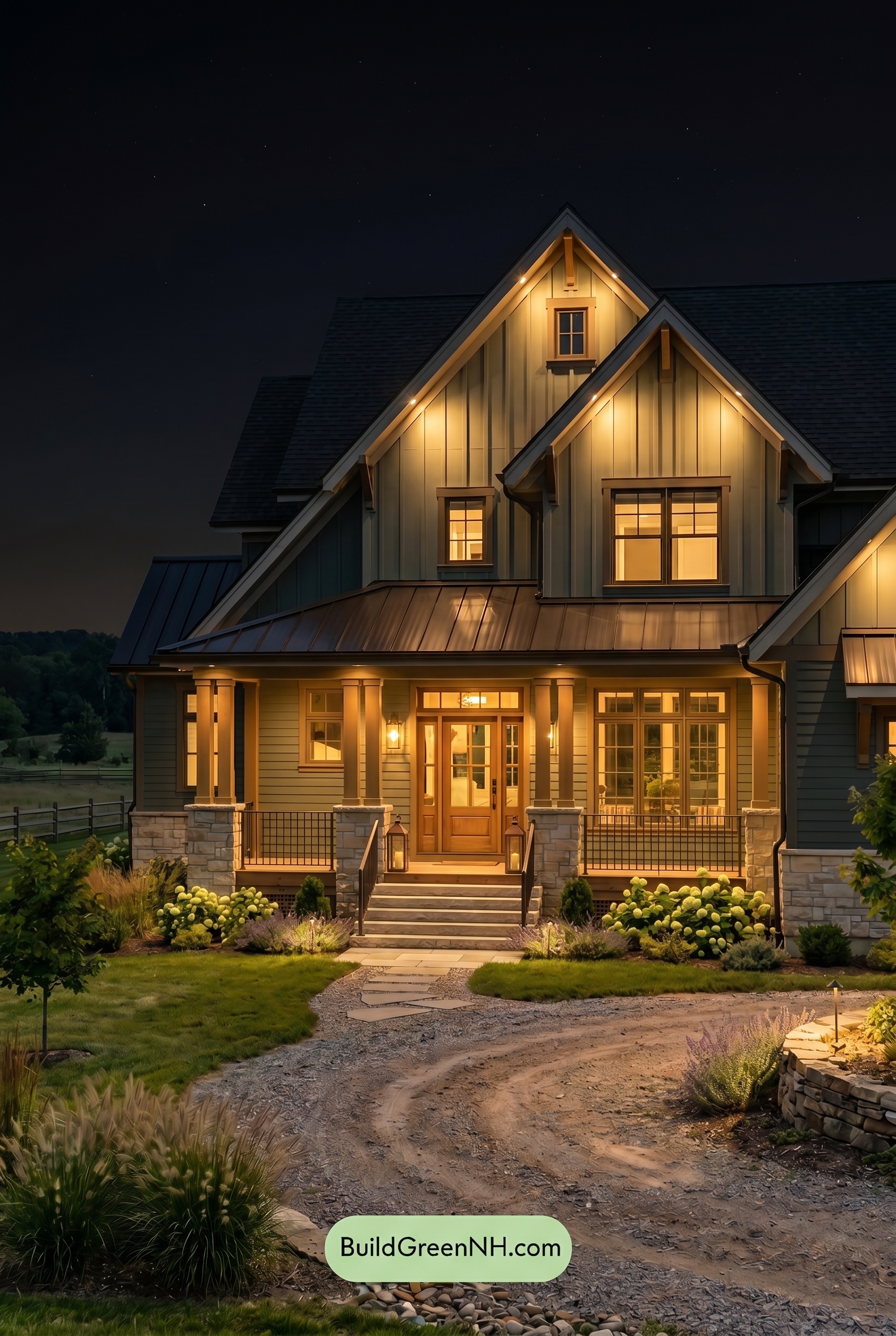 American Craftsman Green Exterior Color Schemes: Sage Bronze Haven - Nighttime