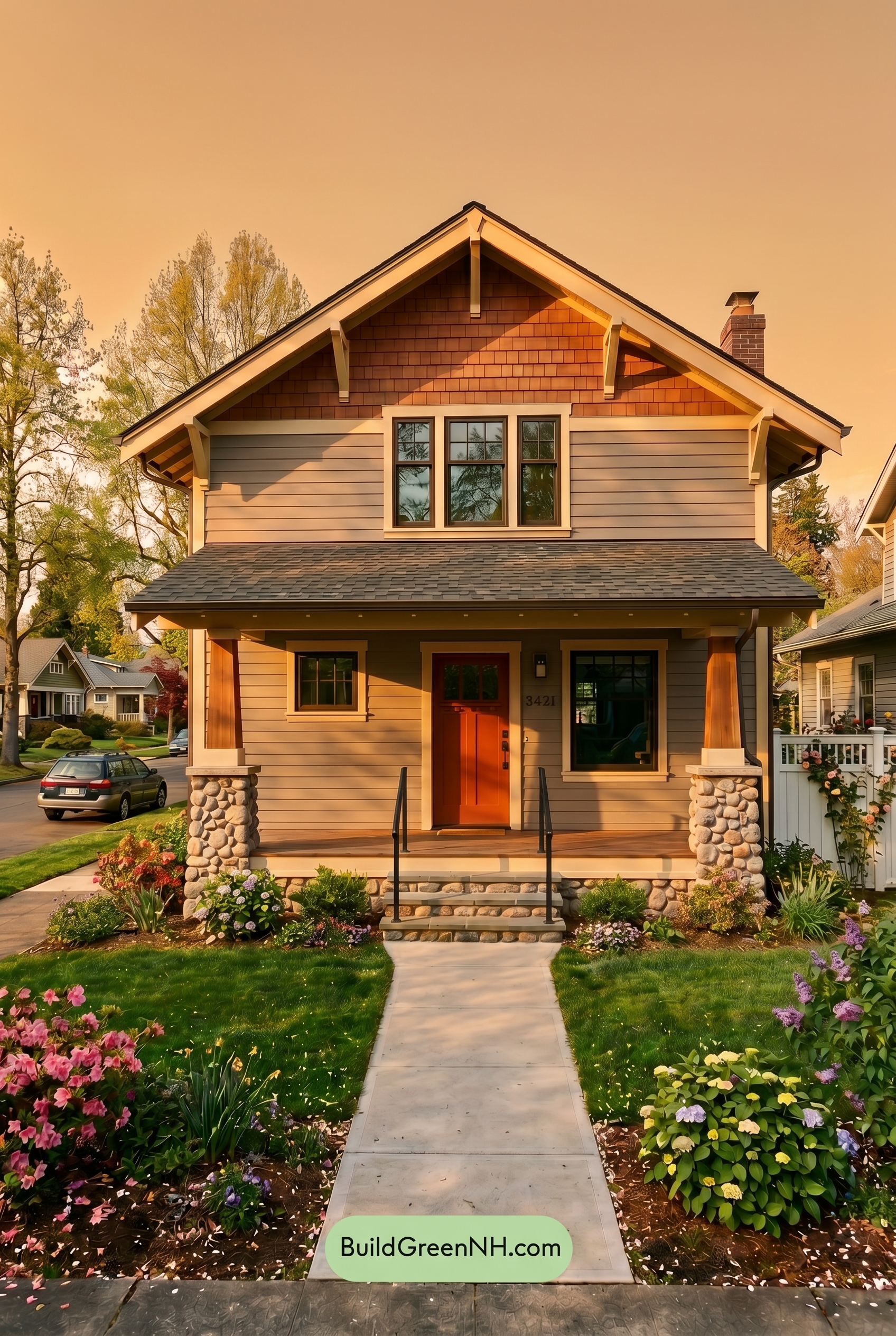 American Craftsman Green Exterior Color Schemes: Sage Ember Glow - Golden Hour