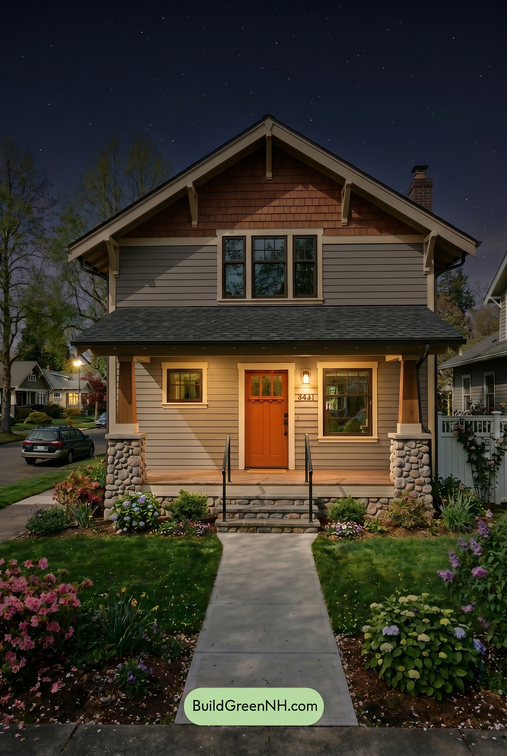 American Craftsman Green Exterior Color Schemes: Sage Ember Glow - Nighttime