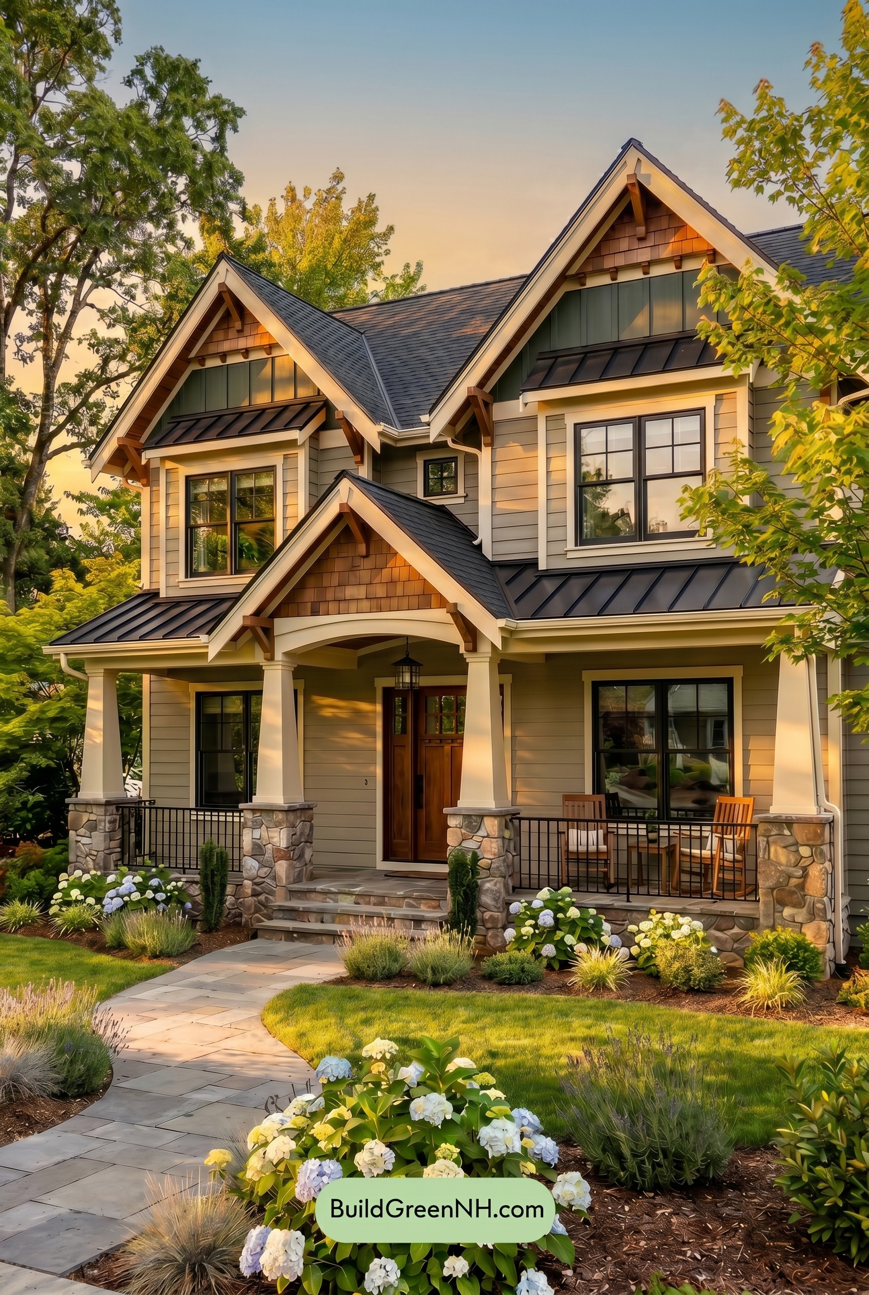 American Craftsman Green Exterior Color Schemes: Sage Ivory Hearth - Golden Hour