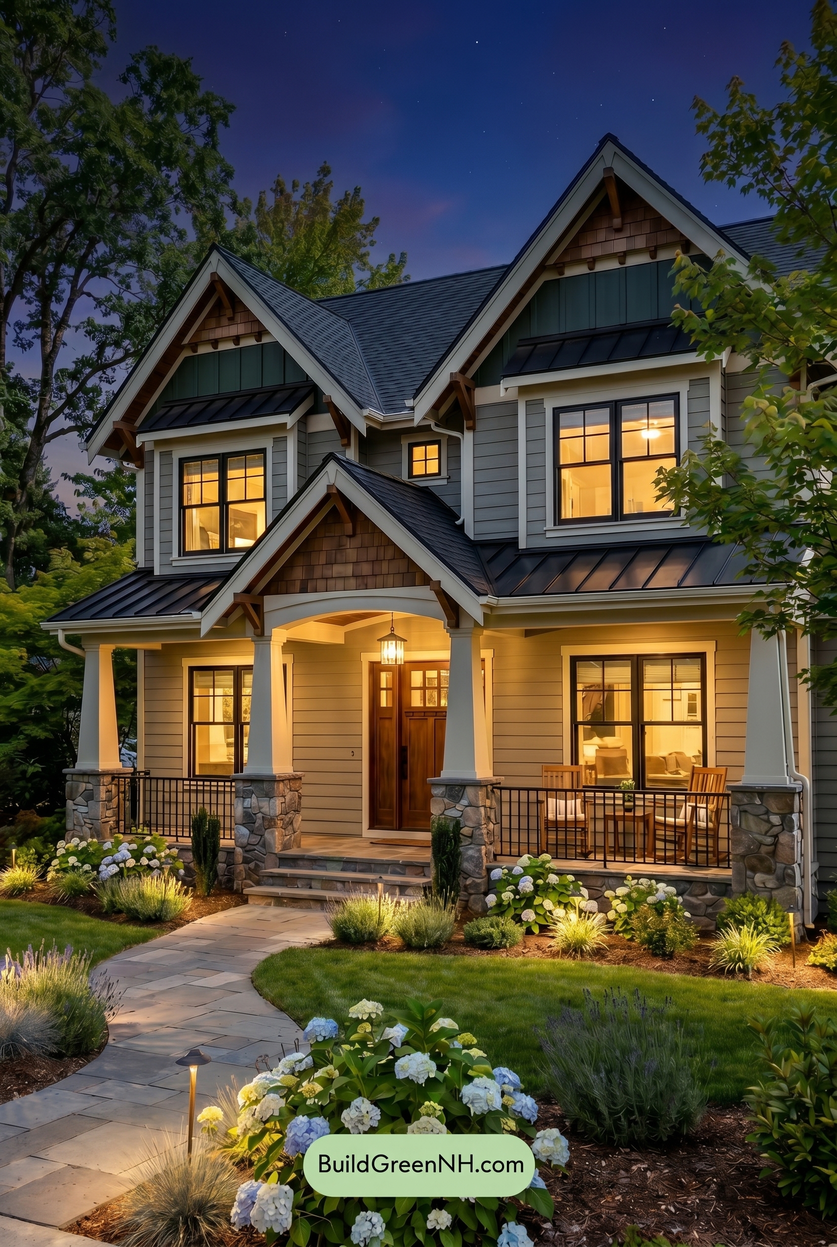 American Craftsman Green Exterior Color Schemes: Sage Ivory Hearth - Nighttime
