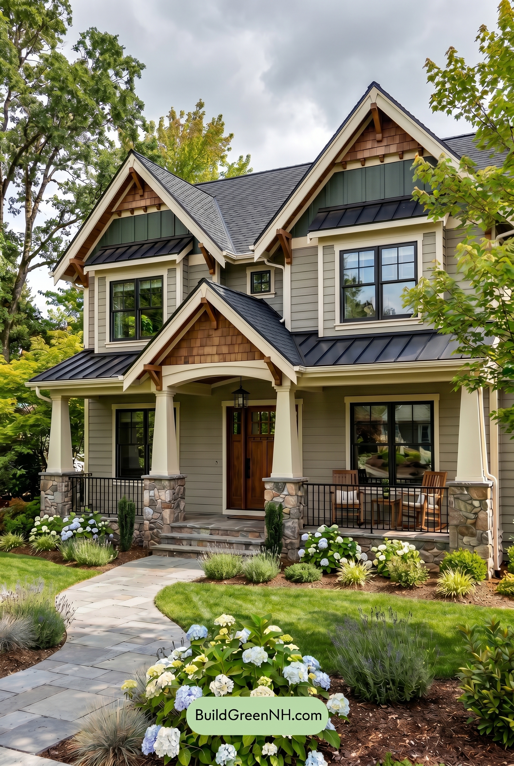 American Craftsman Green Exterior Color Schemes: Sage Ivory Hearth - Overcast