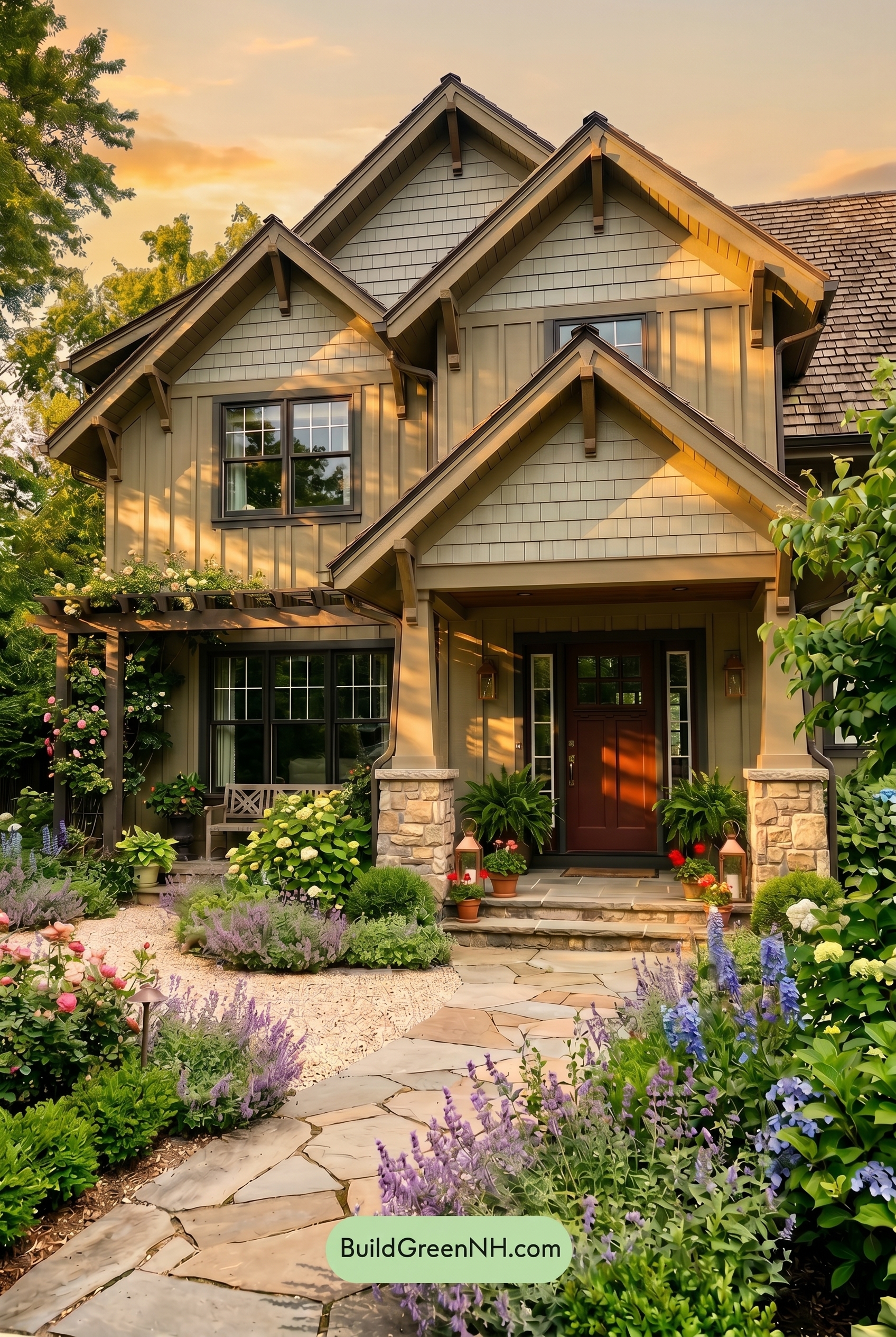 American Craftsman Green Exterior Color Schemes: Soft Green Shadow - Golden Hour