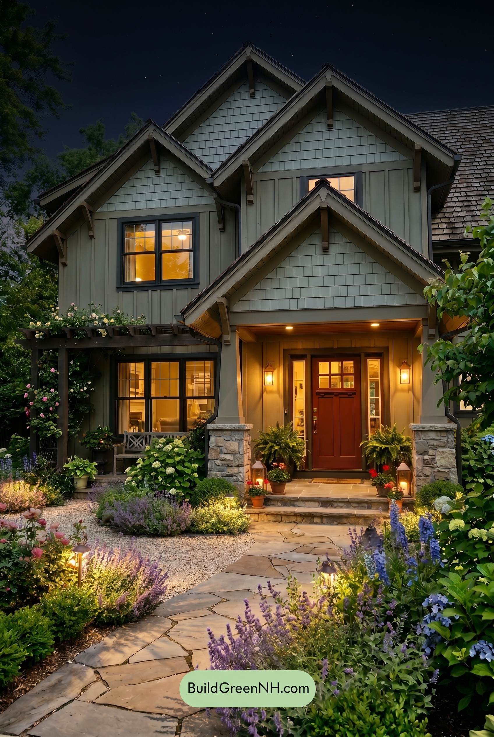 American Craftsman Green Exterior Color Schemes: Soft Green Shadow - Nighttime