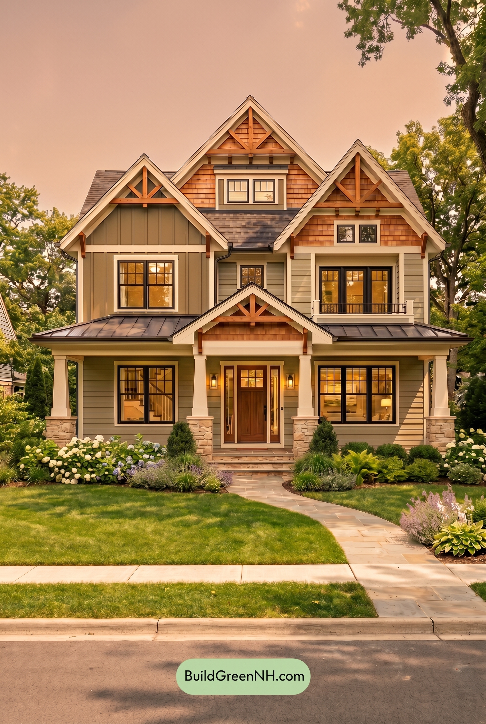 American Craftsman Green Exterior Color Schemes: Soft Green Welcome - Golden Hour