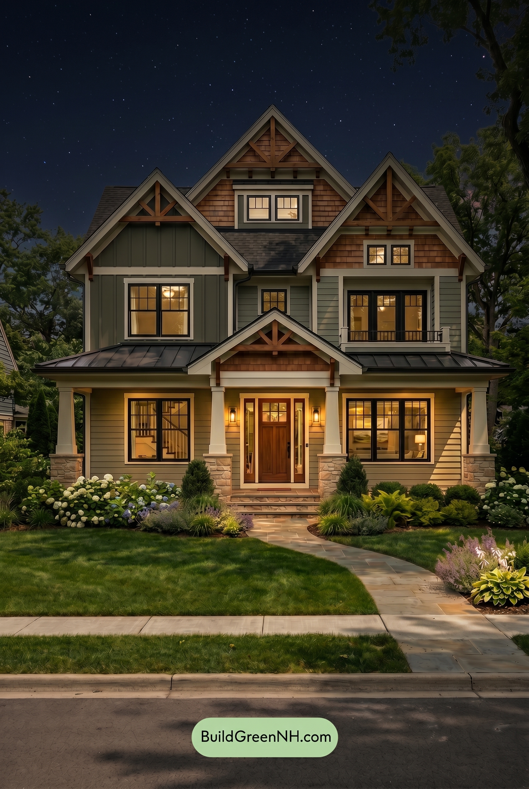 American Craftsman Green Exterior Color Schemes: Soft Green Welcome - Nighttime