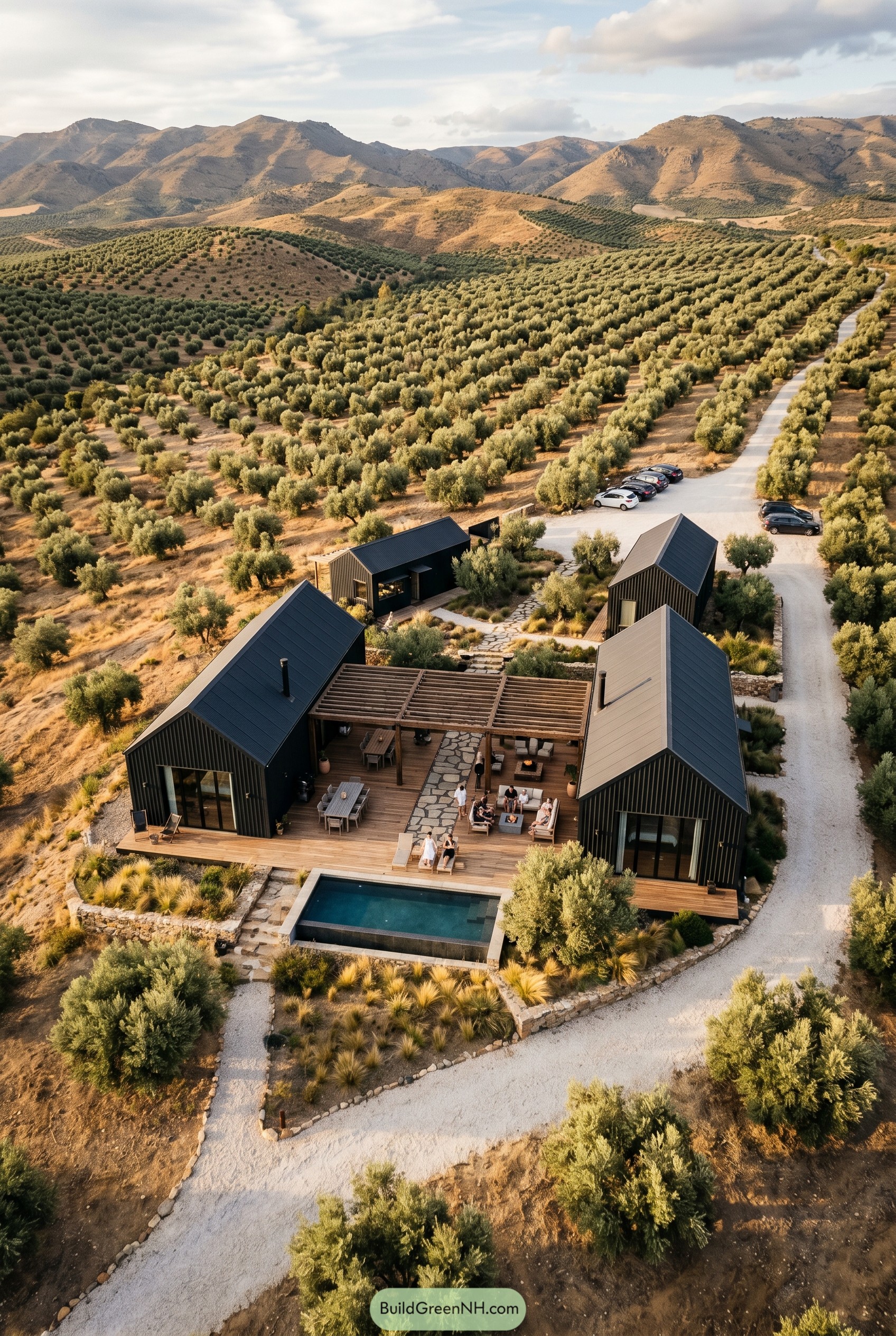 Black gabled cabins around a deck and pool in an olive grove