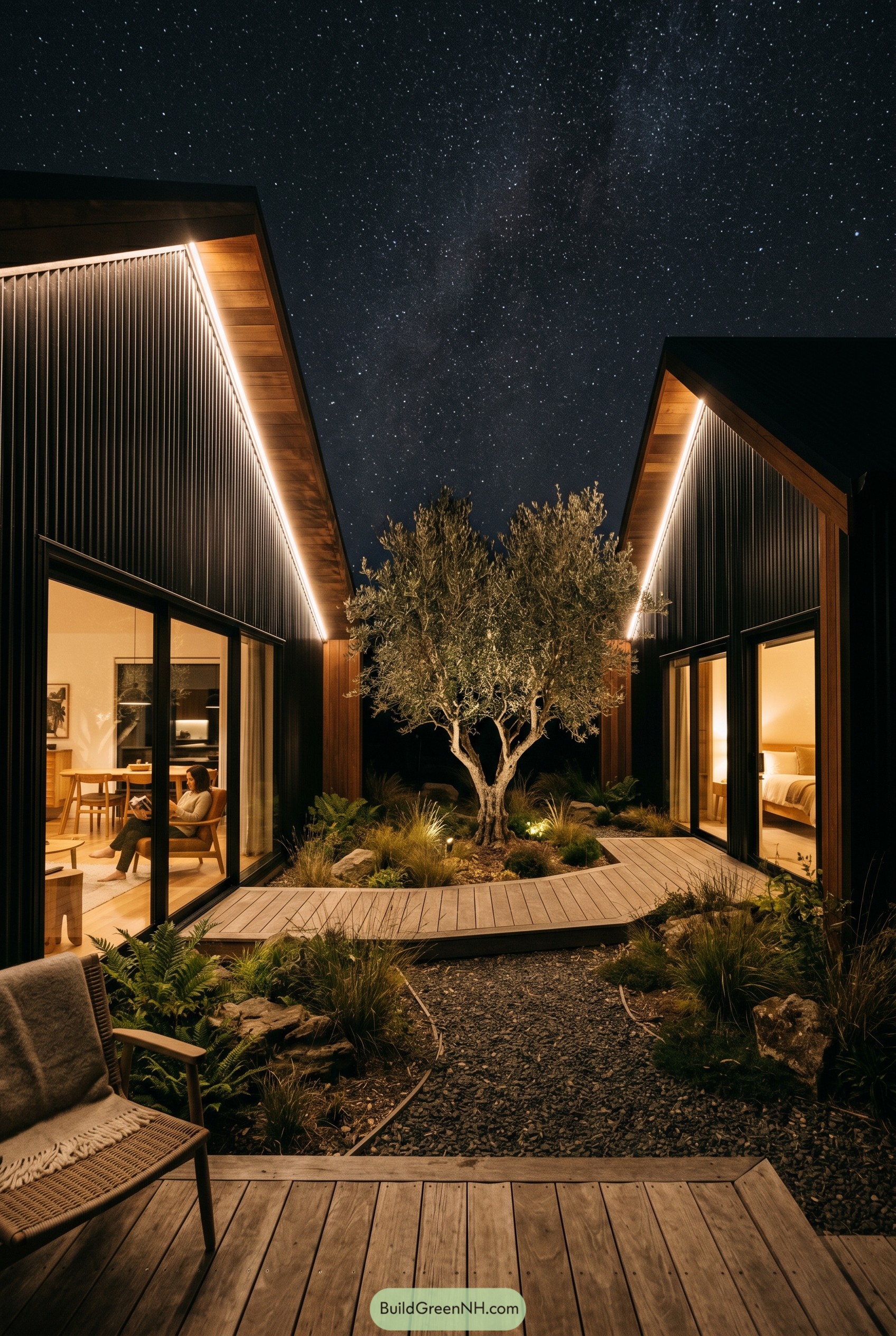 Two dark pavilions around a tree courtyard at night