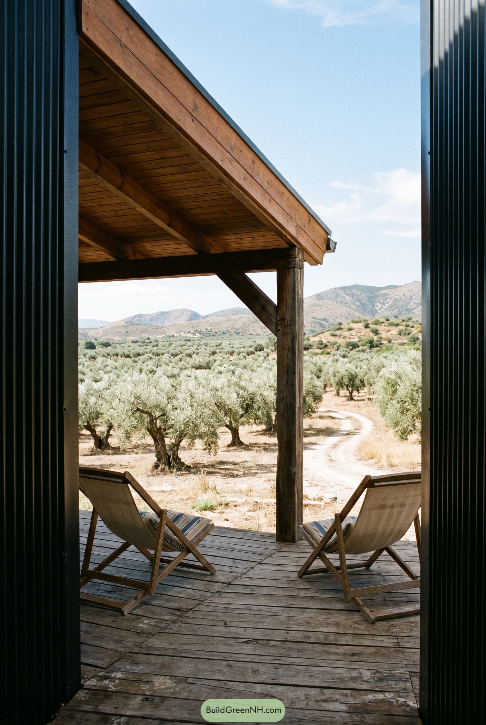 Covered timber porch facing olive grove