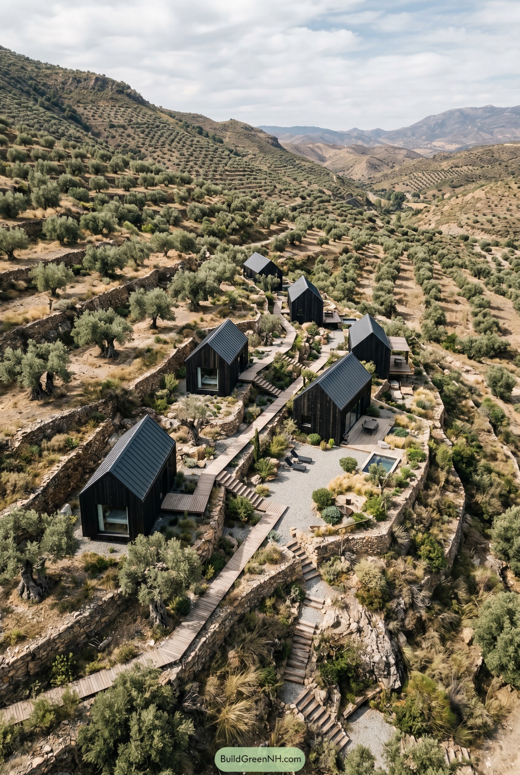 Black cabin cluster on terraced olive hillside