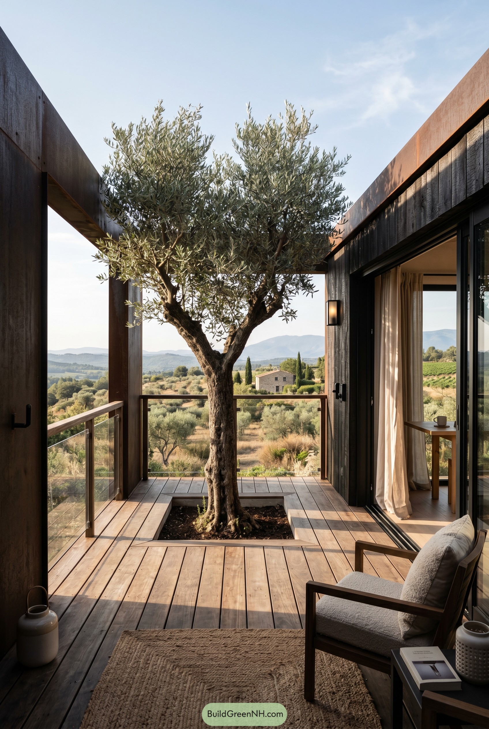 Timber courtyard with olive tree and valley view