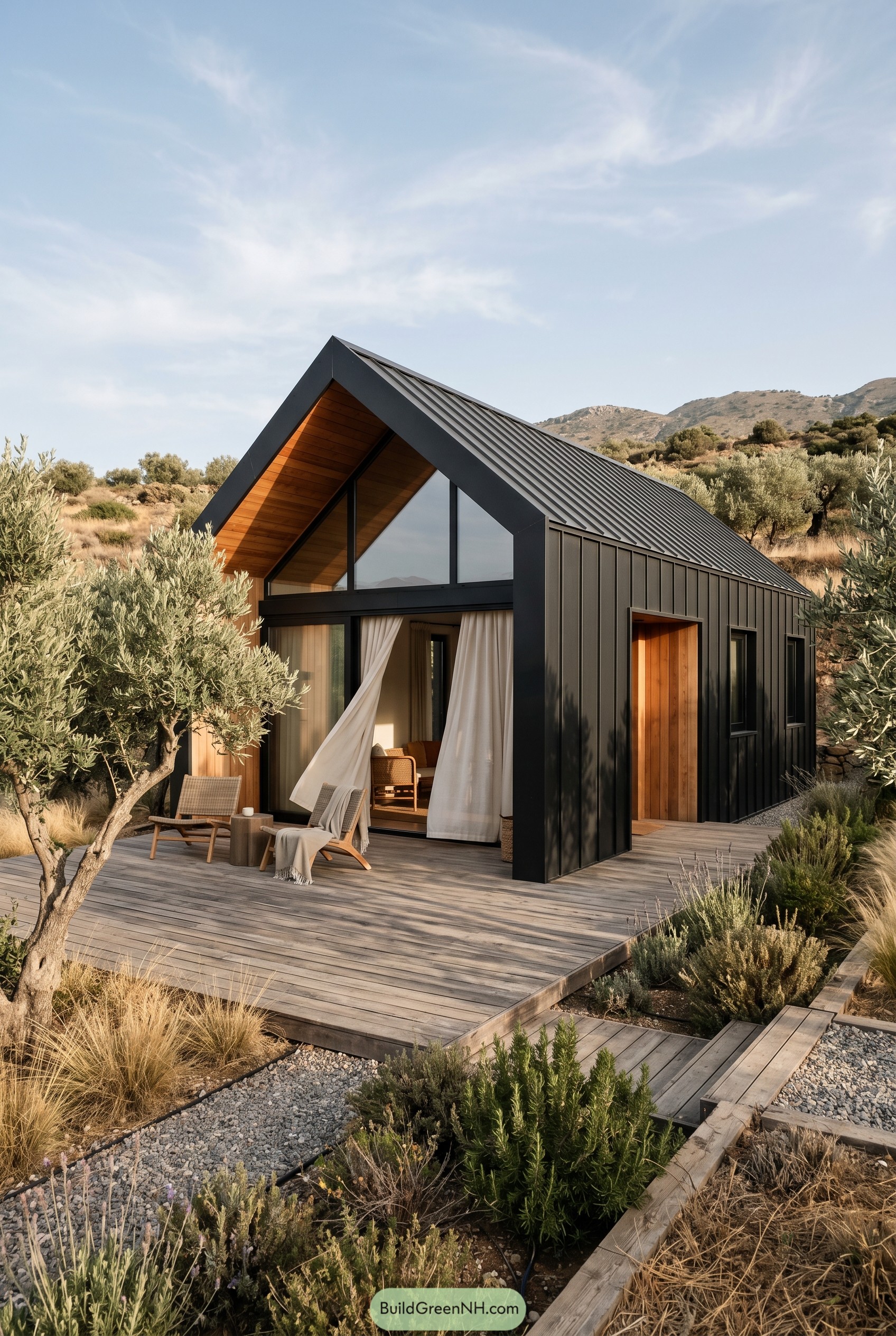 Black gabled cabin with deck among olive trees