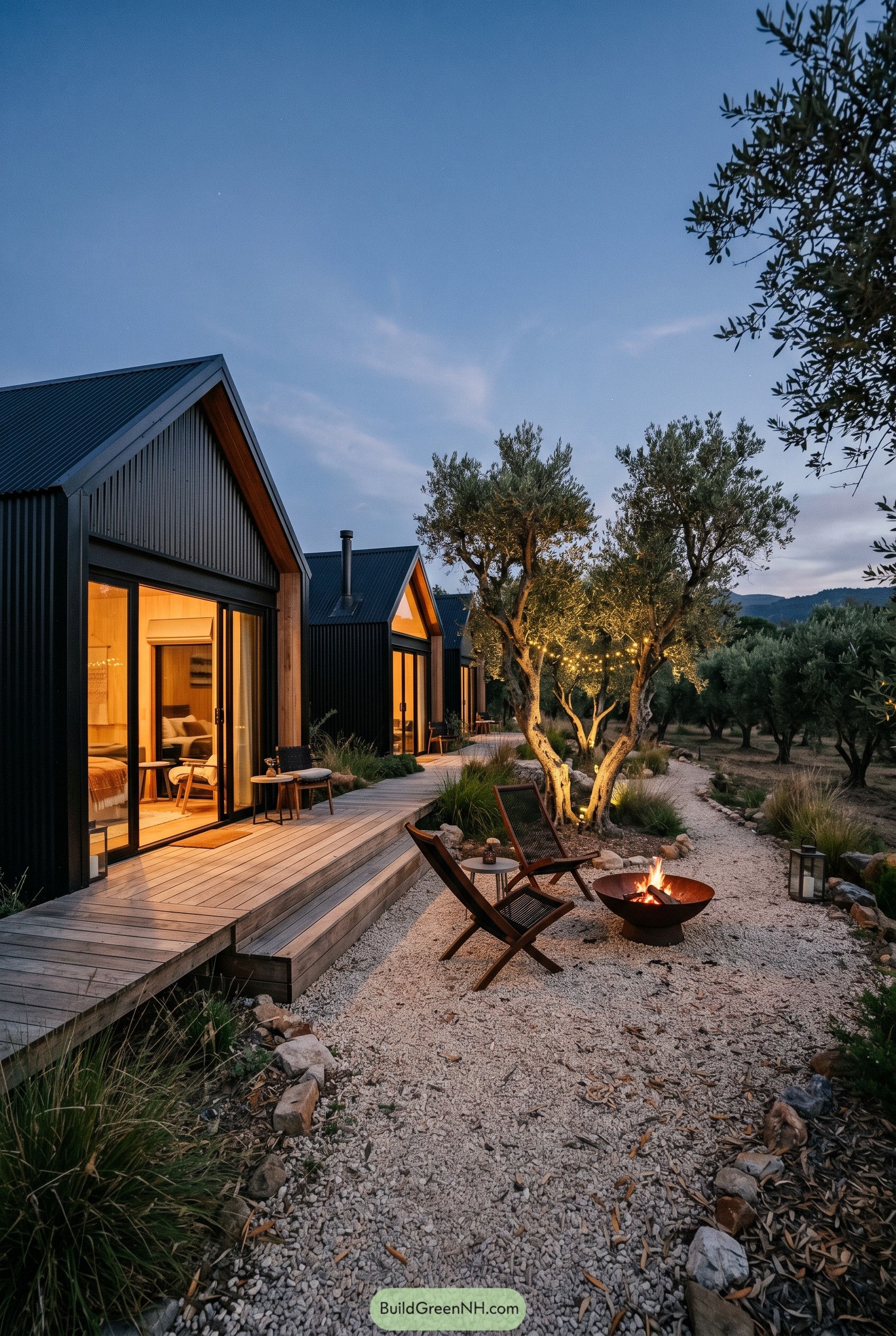 Black gabled cabins beside a gravel fire courtyard