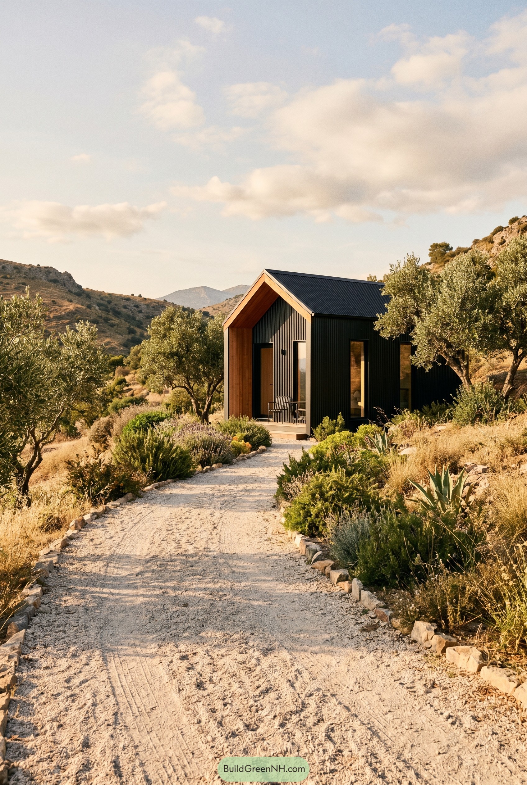 Black gabled cabin with recessed porch in a dry hillside garden