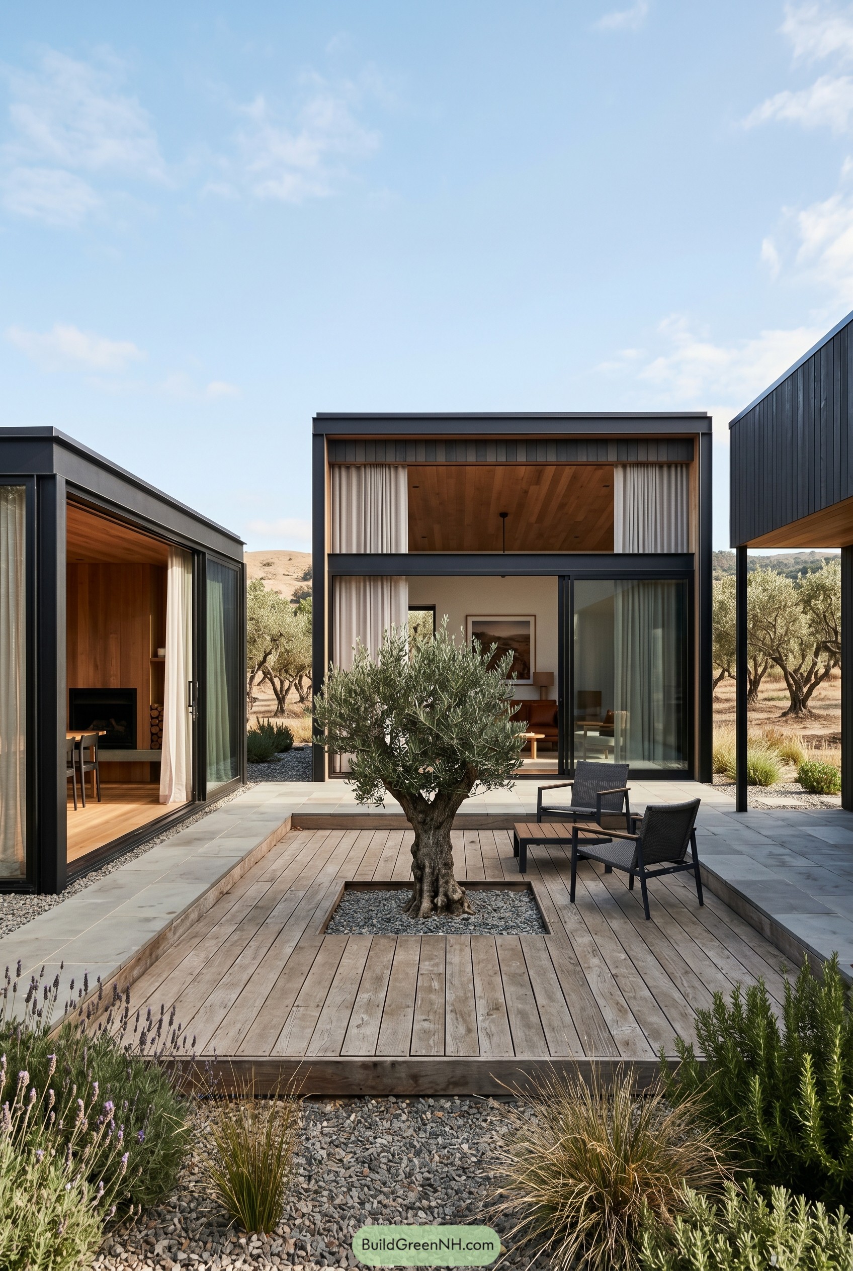 Modern courtyard with olive tree and black framed pavilions