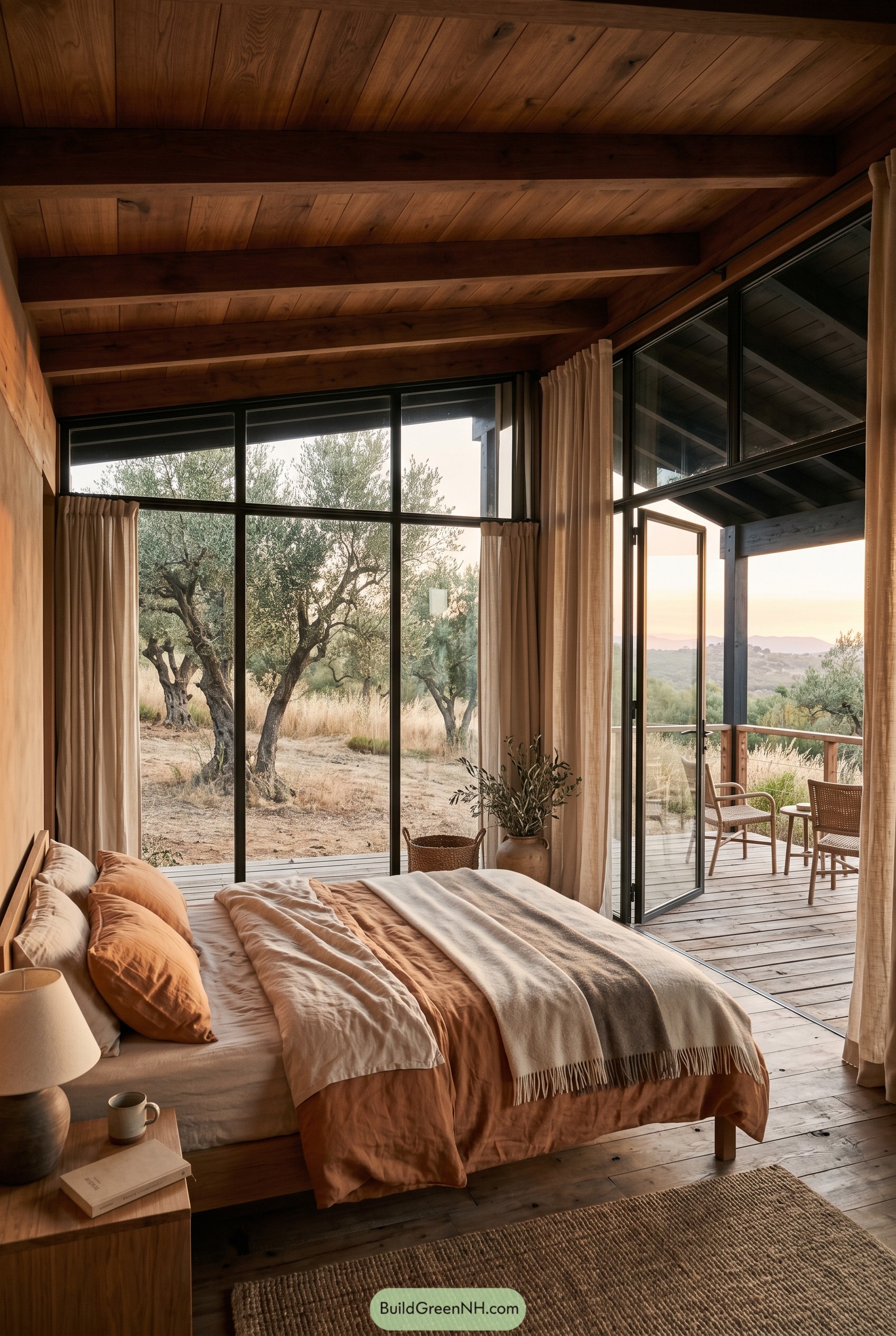 Warm timber bedroom with corner glass and deck