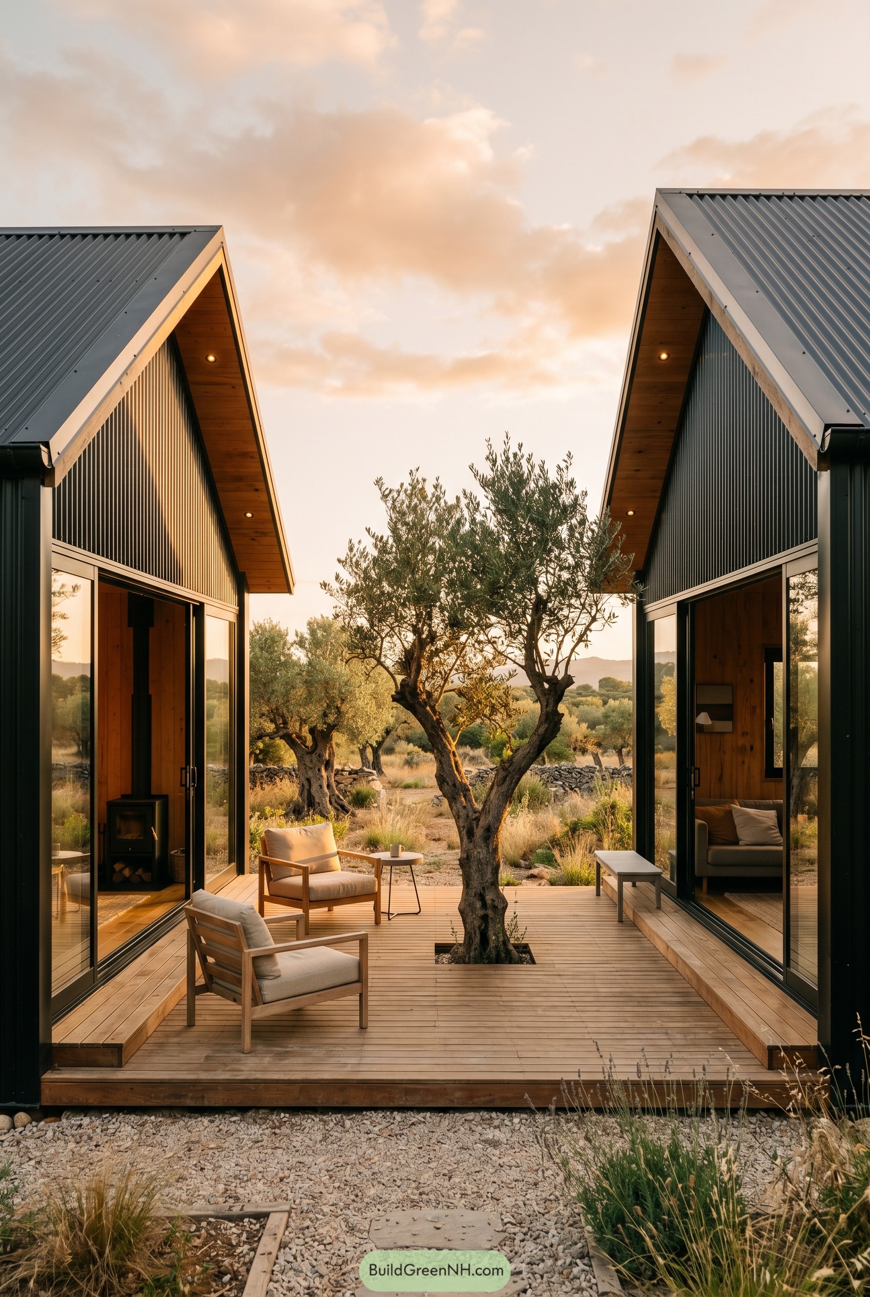 Two gabled cabins frame a deck courtyard with an olive tree