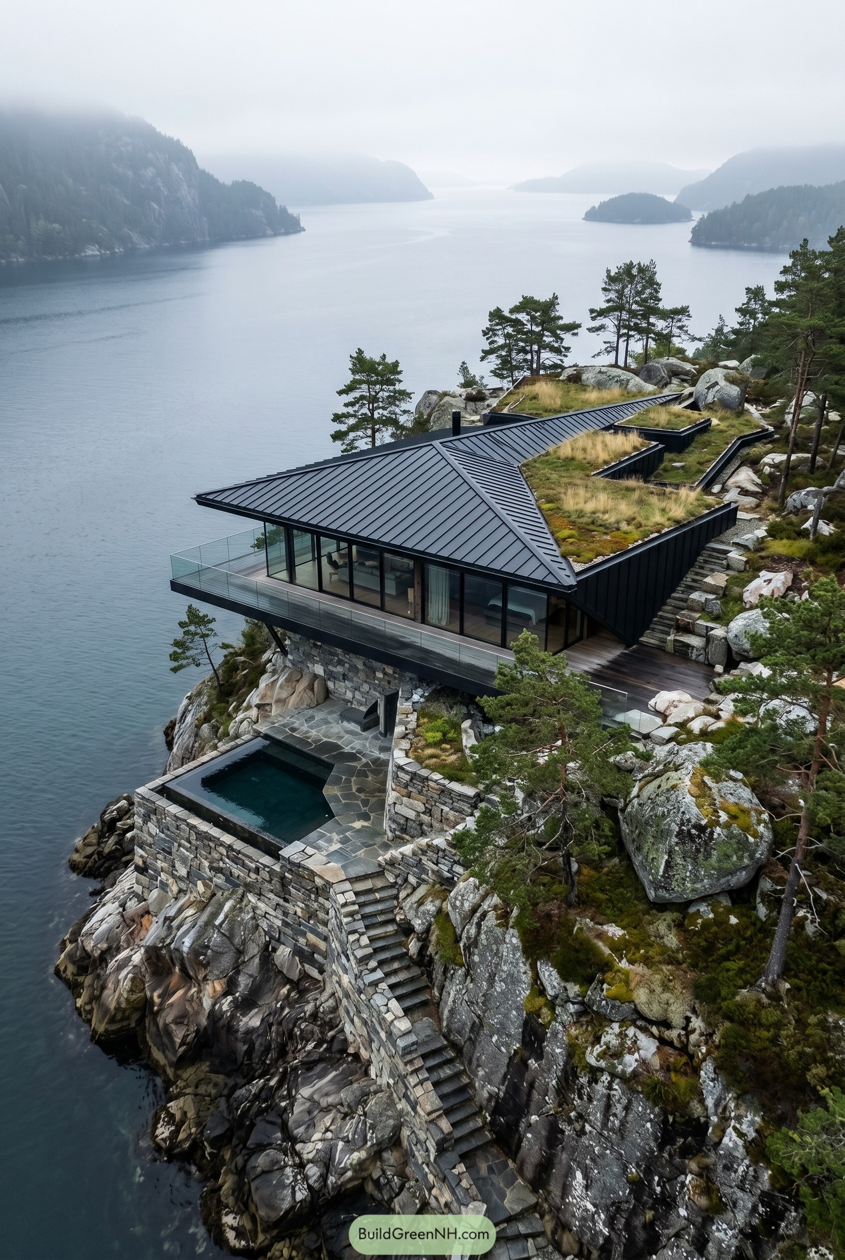 Cliffside modern house with planted roofs over a fjord