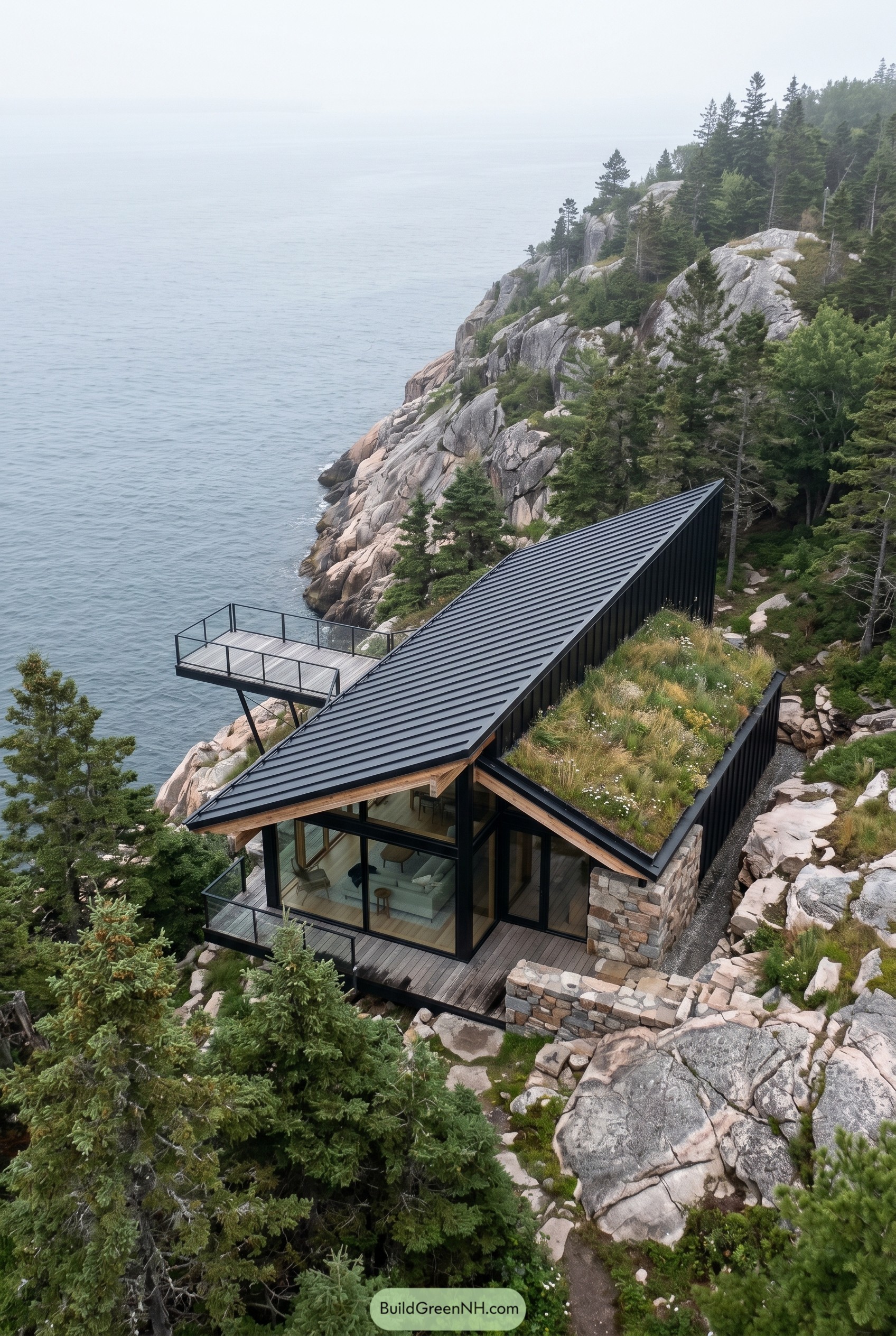 Modern cliffside cabin with black roof and ocean deck