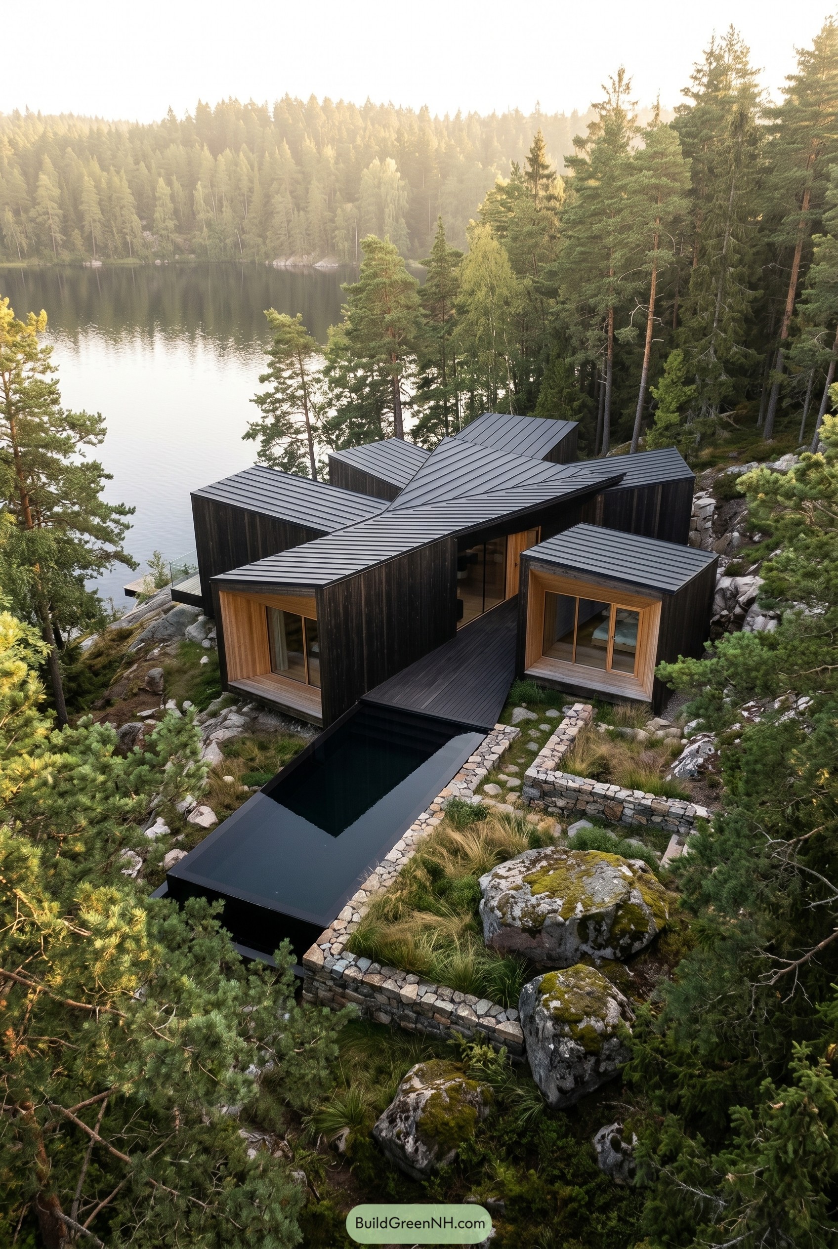 Aerial view of a black modern lake house in a pine forest