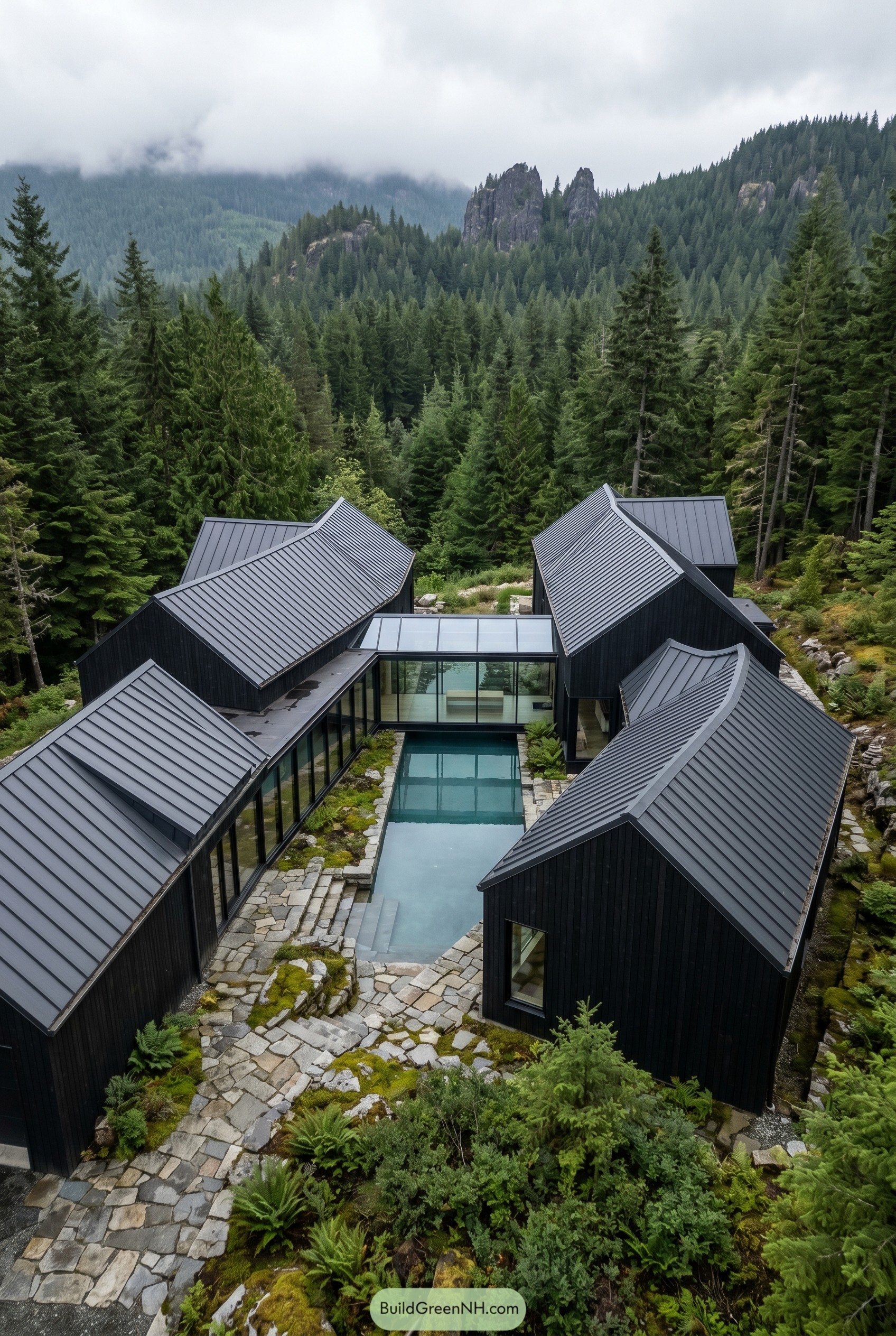Black cabins encircle a forest pool