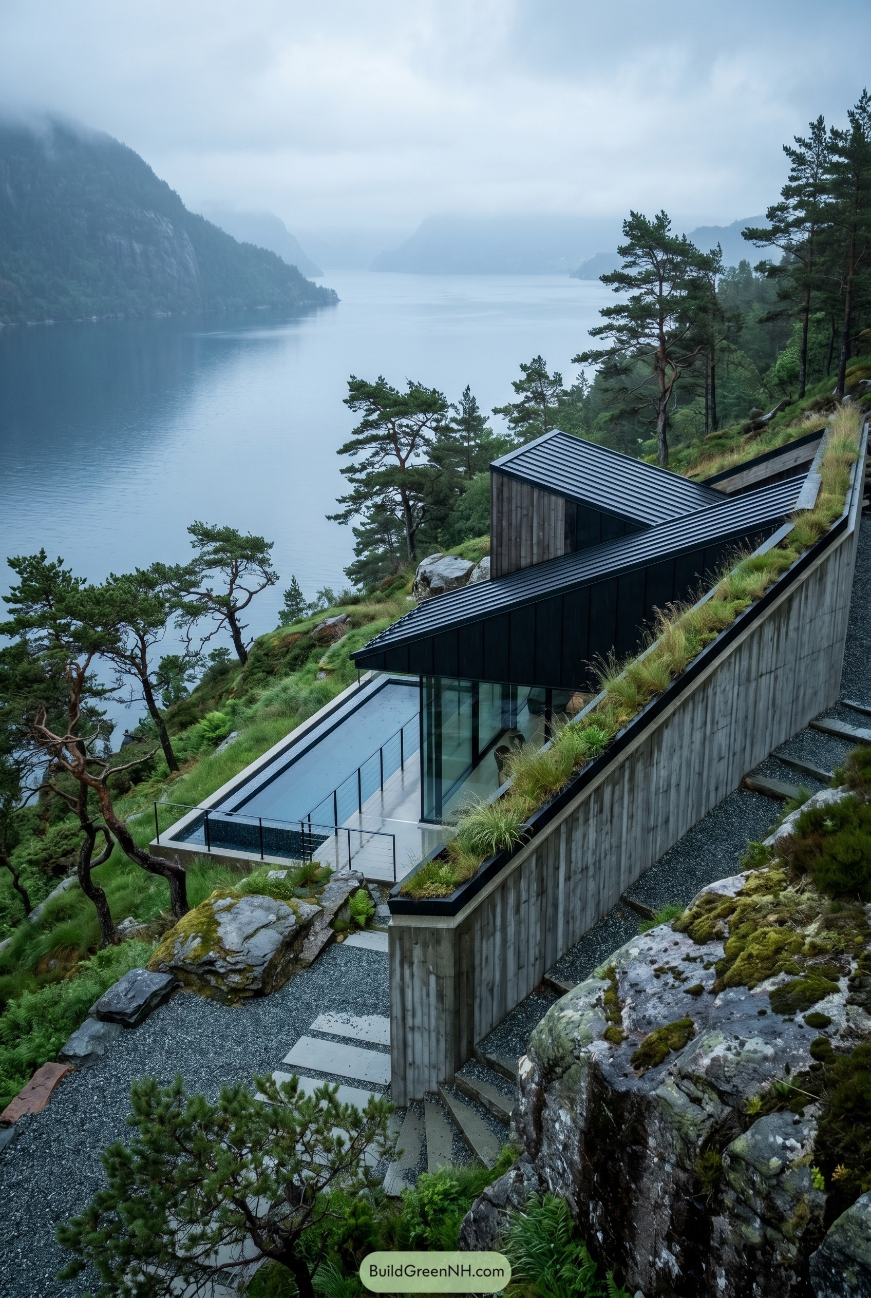 Modern hillside retreat overlooking a misty fjord