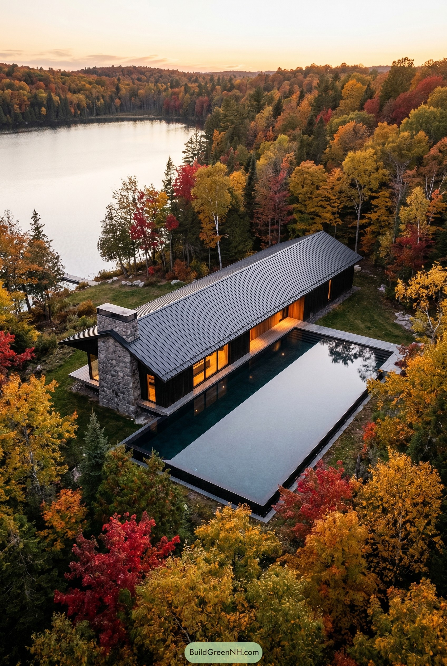 Modern lakeside lodge with metal roof and pool