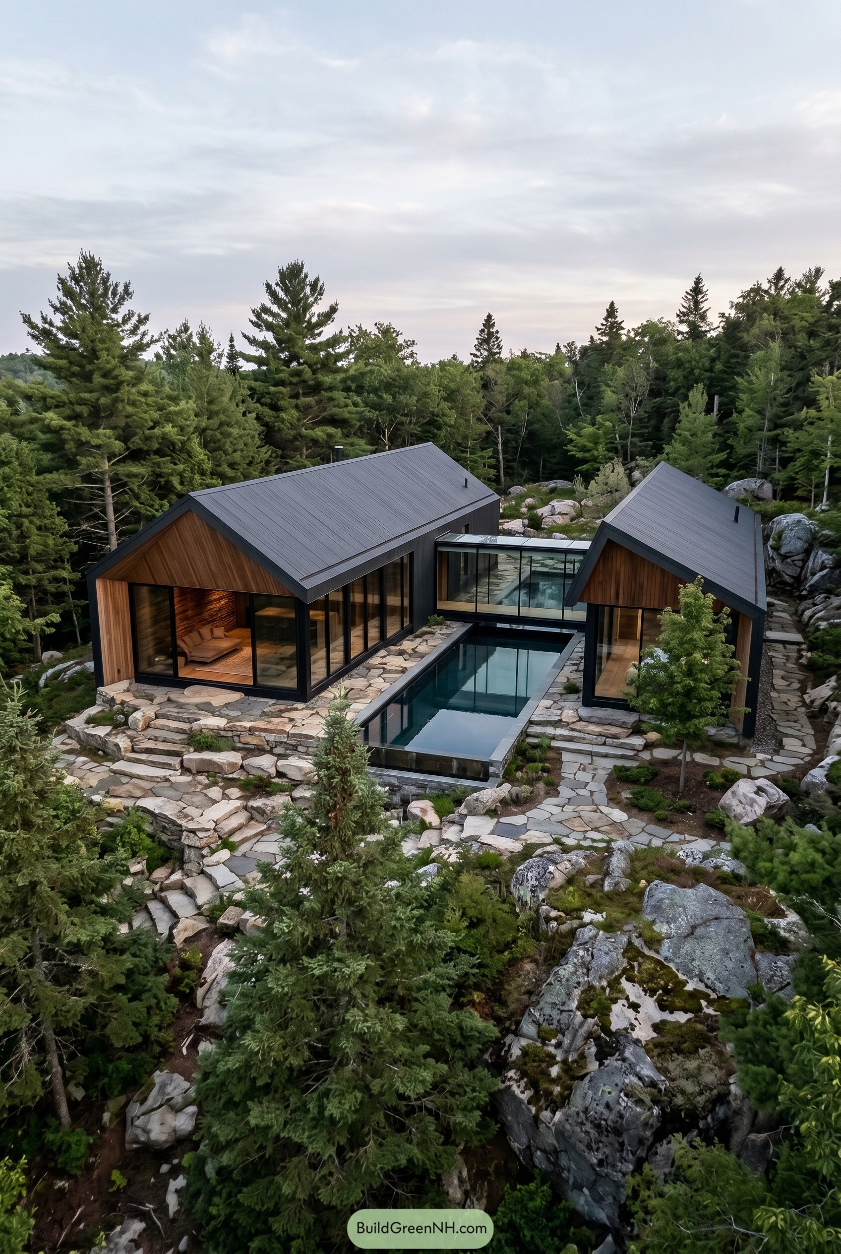 Modern forest retreat with twin gabled roofs and pool