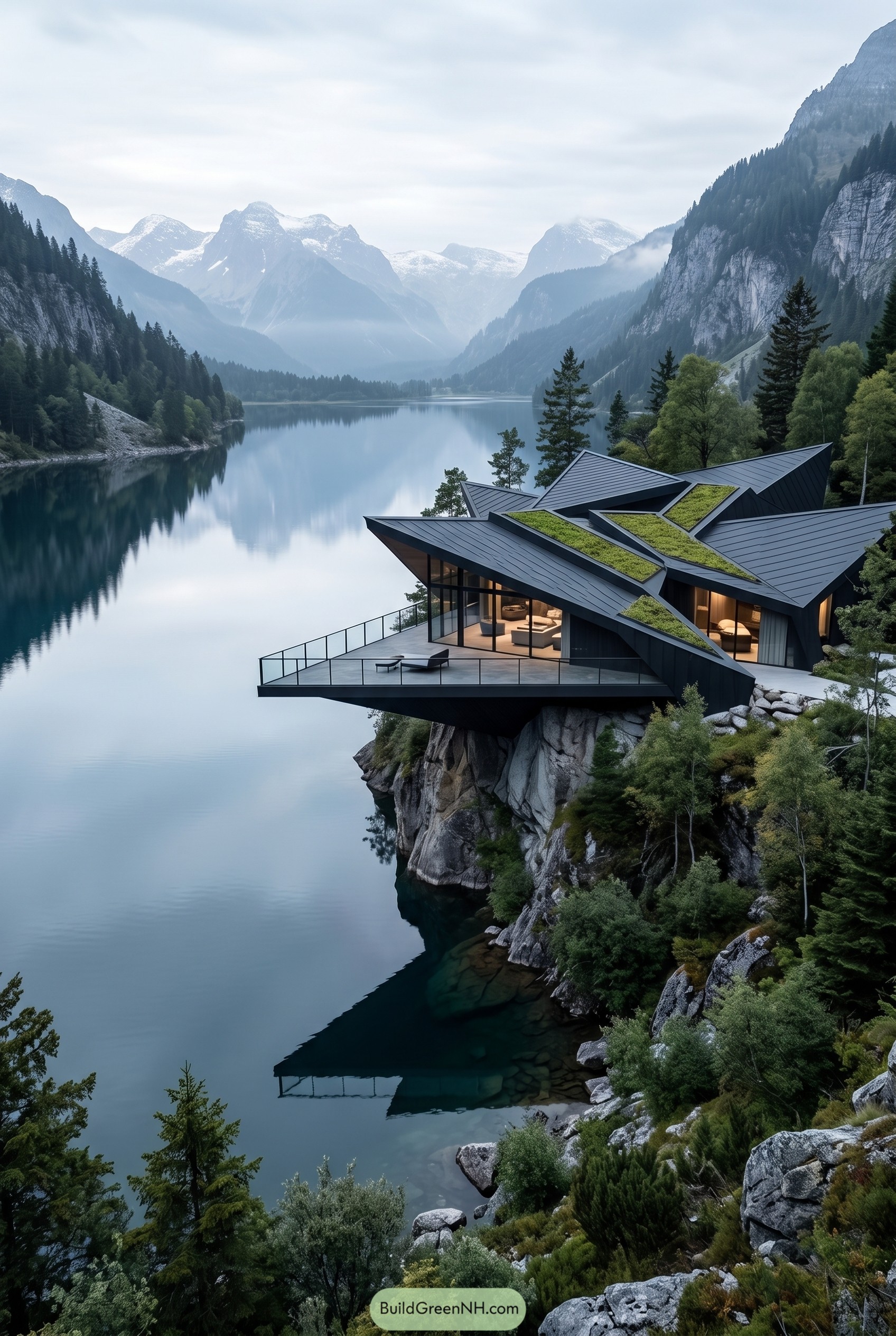 Angular cliffside lake house with planted roof