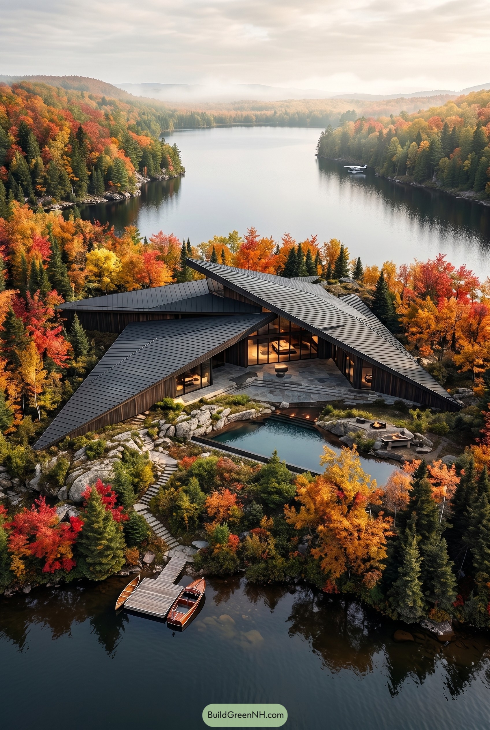 Angular lakeside retreat amid autumn forest