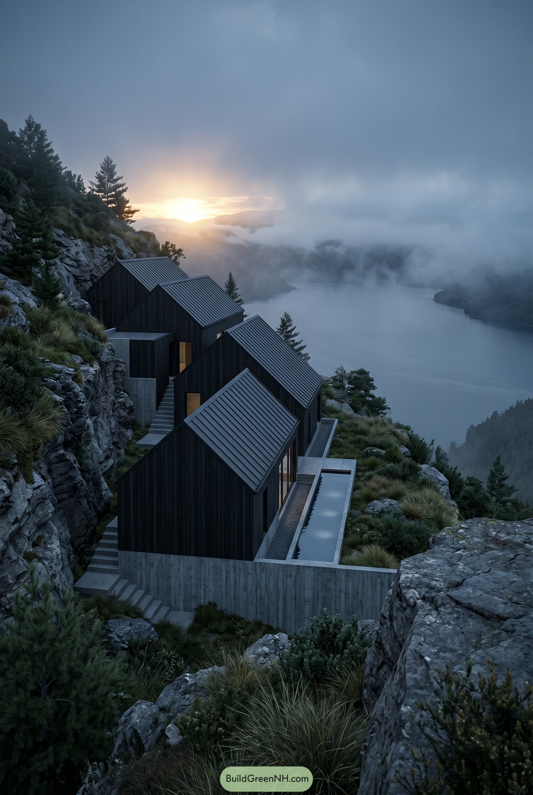 Black gabled cliff house above foggy lake