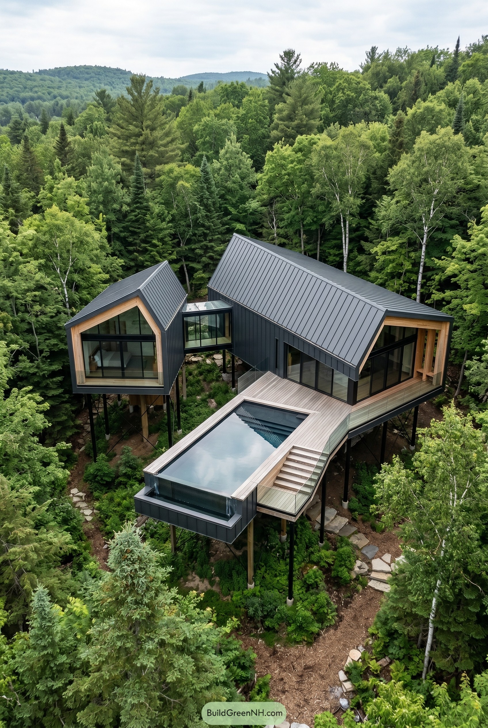 Elevated modern forest house with gabled metal roofs and pool